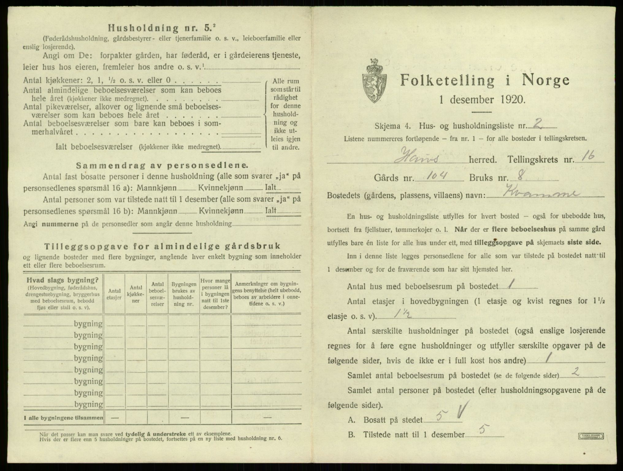 SAB, 1920 census for Haus, 1920, p. 1364