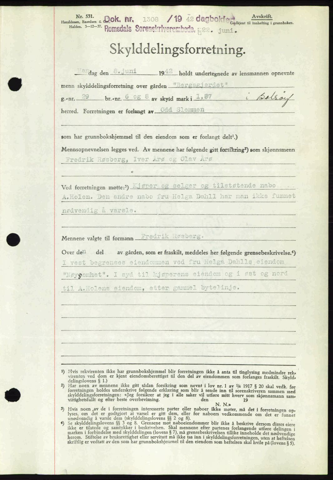 Romsdal sorenskriveri, AV/SAT-A-4149/1/2/2C: Mortgage book no. A12, 1942-1942, Diary no: : 1308/1942