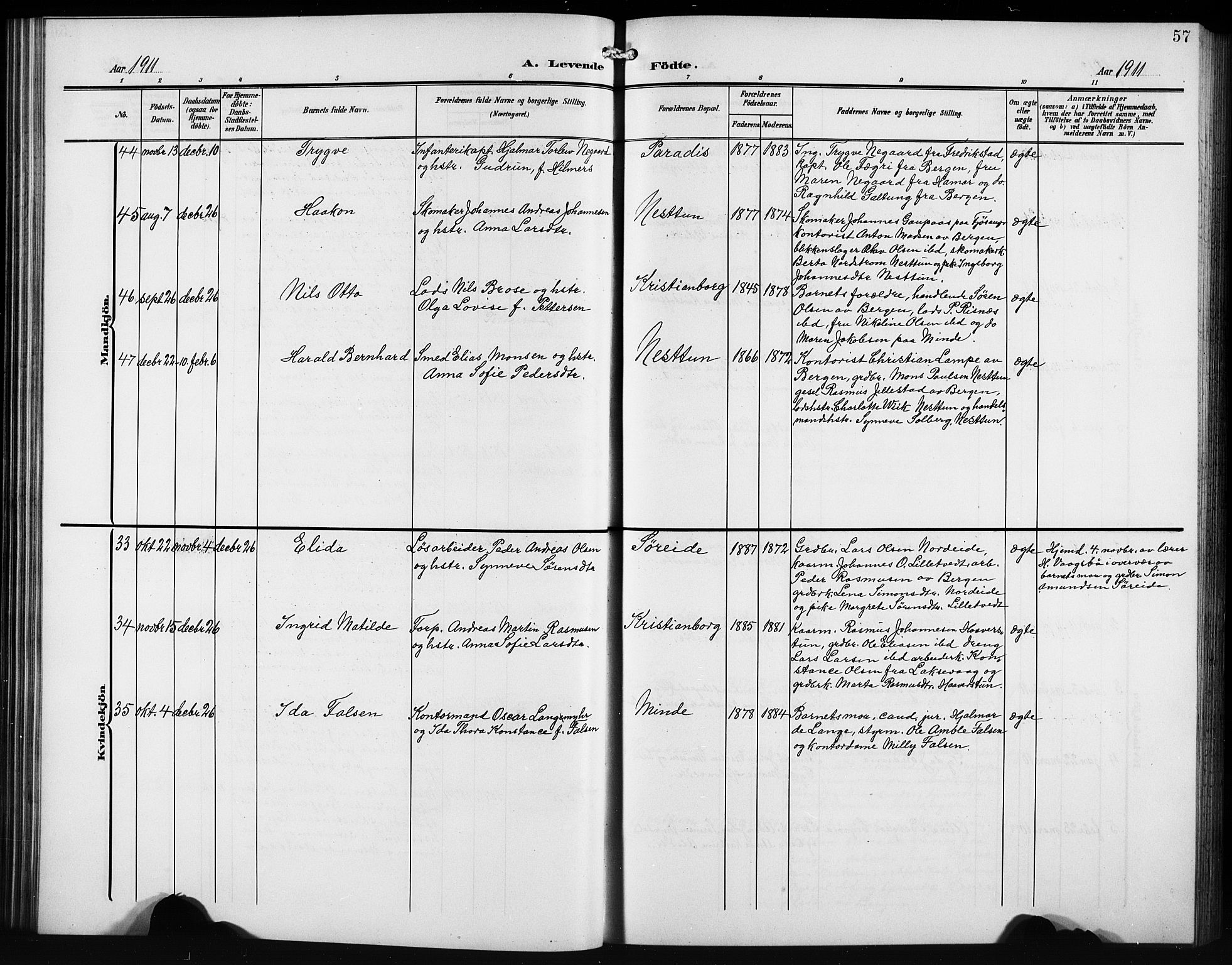 Birkeland Sokneprestembete, SAB/A-74601/H/Hab: Parish register (copy) no. A 6, 1906-1915, p. 57