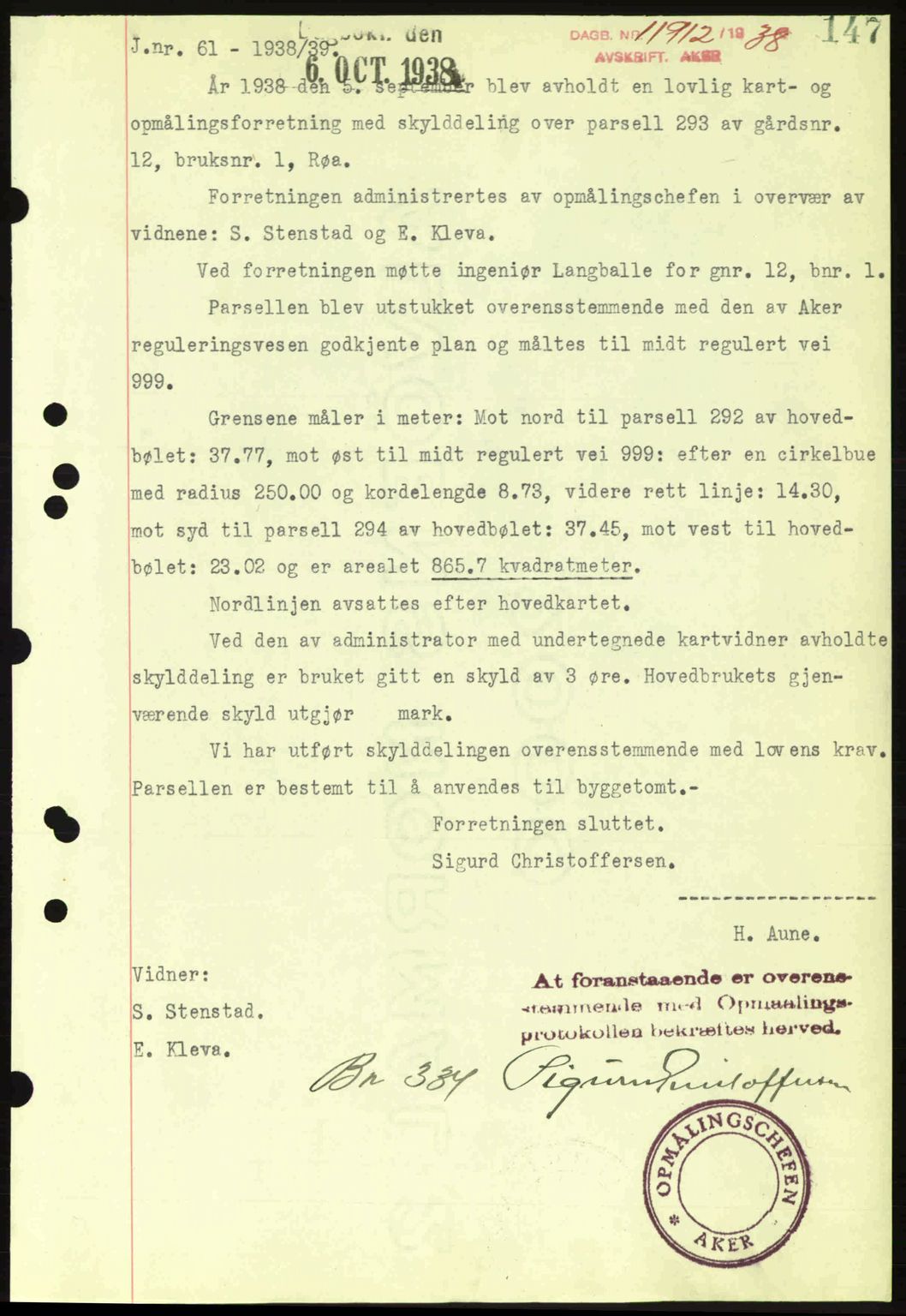 Aker herredsskriveri, SAO/A-10896/G/Gb/Gba/Gbab/L0025: Mortgage book no. A154-155, 1938-1938, Diary no: : 11912/1938