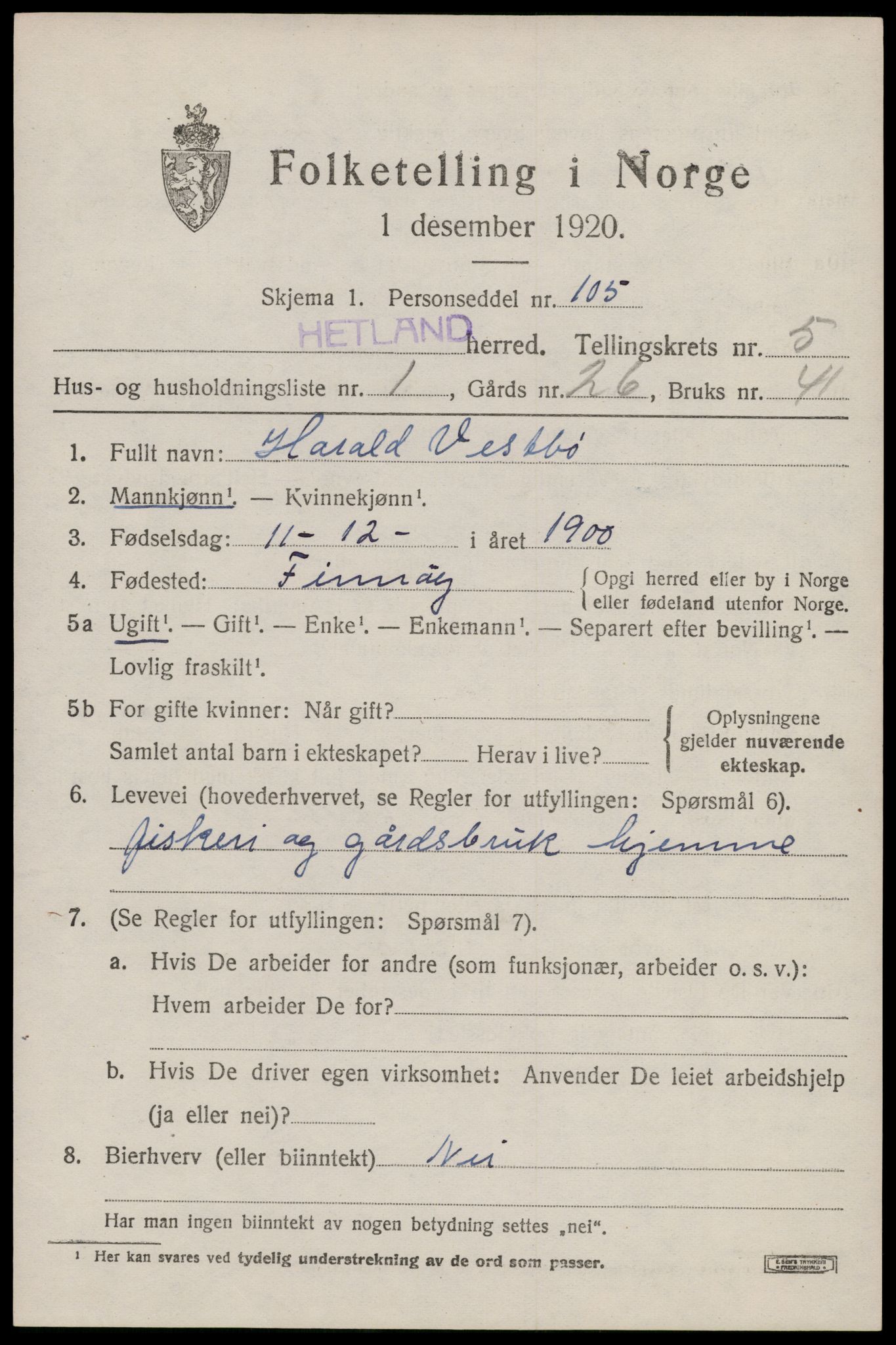 SAST, 1920 census for Hetland, 1920, p. 8359