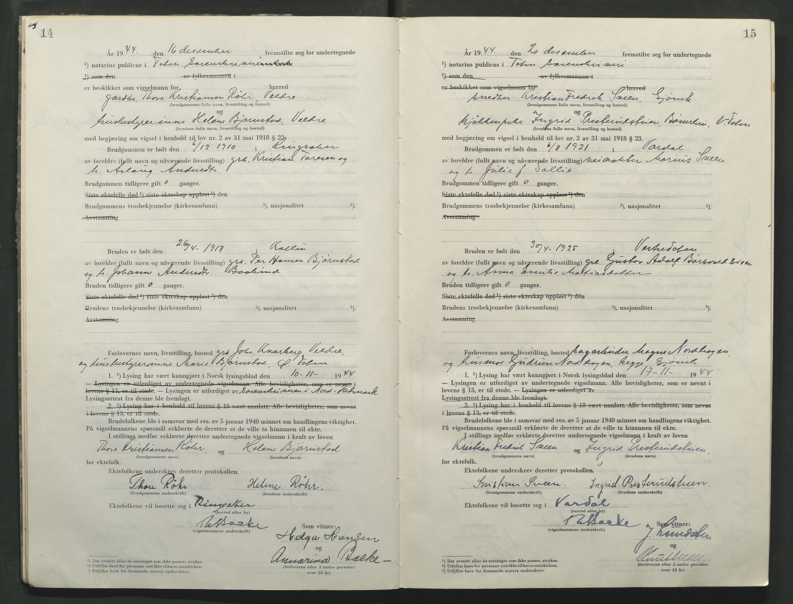 Toten tingrett, AV/SAH-TING-006/L/Lc/L0005: Vigselbok, 1944-1948, p. 14-15