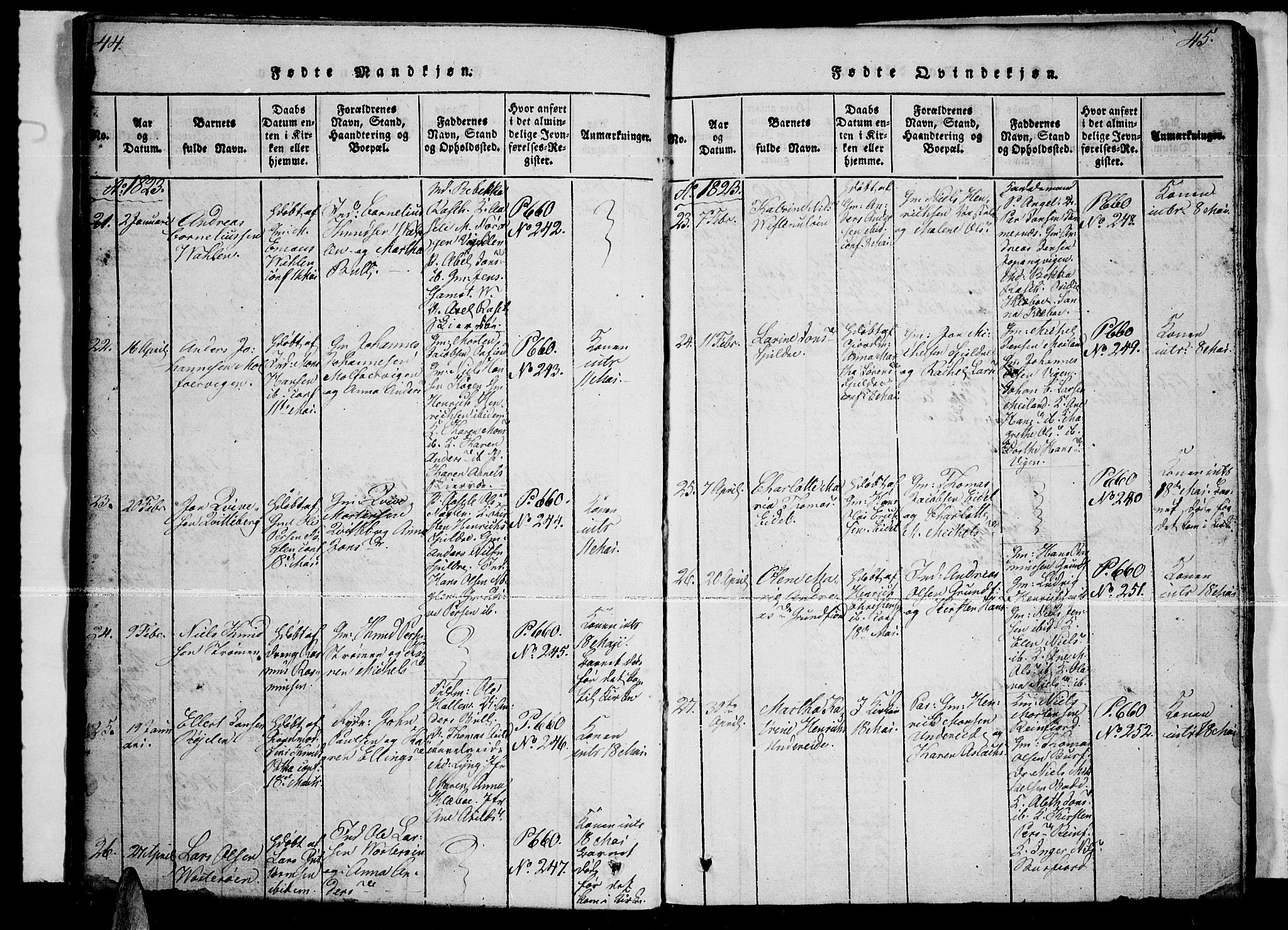 Skjervøy sokneprestkontor, AV/SATØ-S-1300/H/Ha/Haa/L0004kirke: Parish register (official) no. 4, 1820-1838, p. 44-45