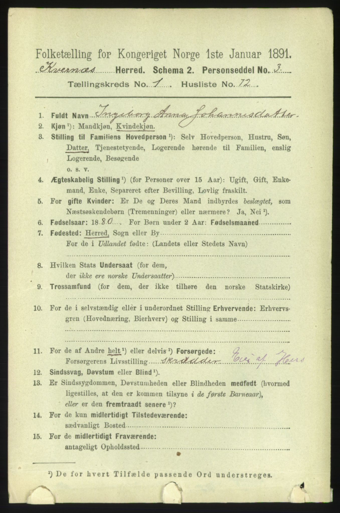 RA, 1891 census for 1553 Kvernes, 1891, p. 634