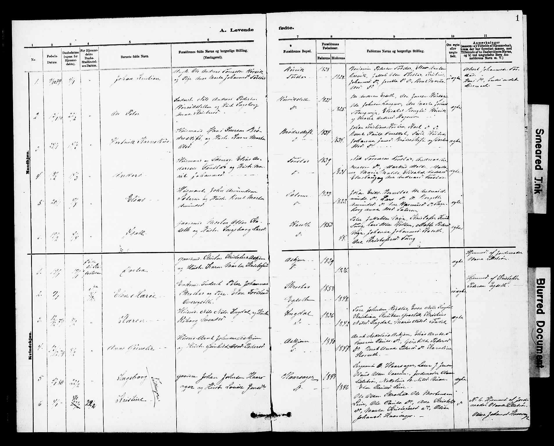 Ministerialprotokoller, klokkerbøker og fødselsregistre - Sør-Trøndelag, AV/SAT-A-1456/646/L0628: Parish register (copy) no. 646C01, 1880-1903, p. 1
