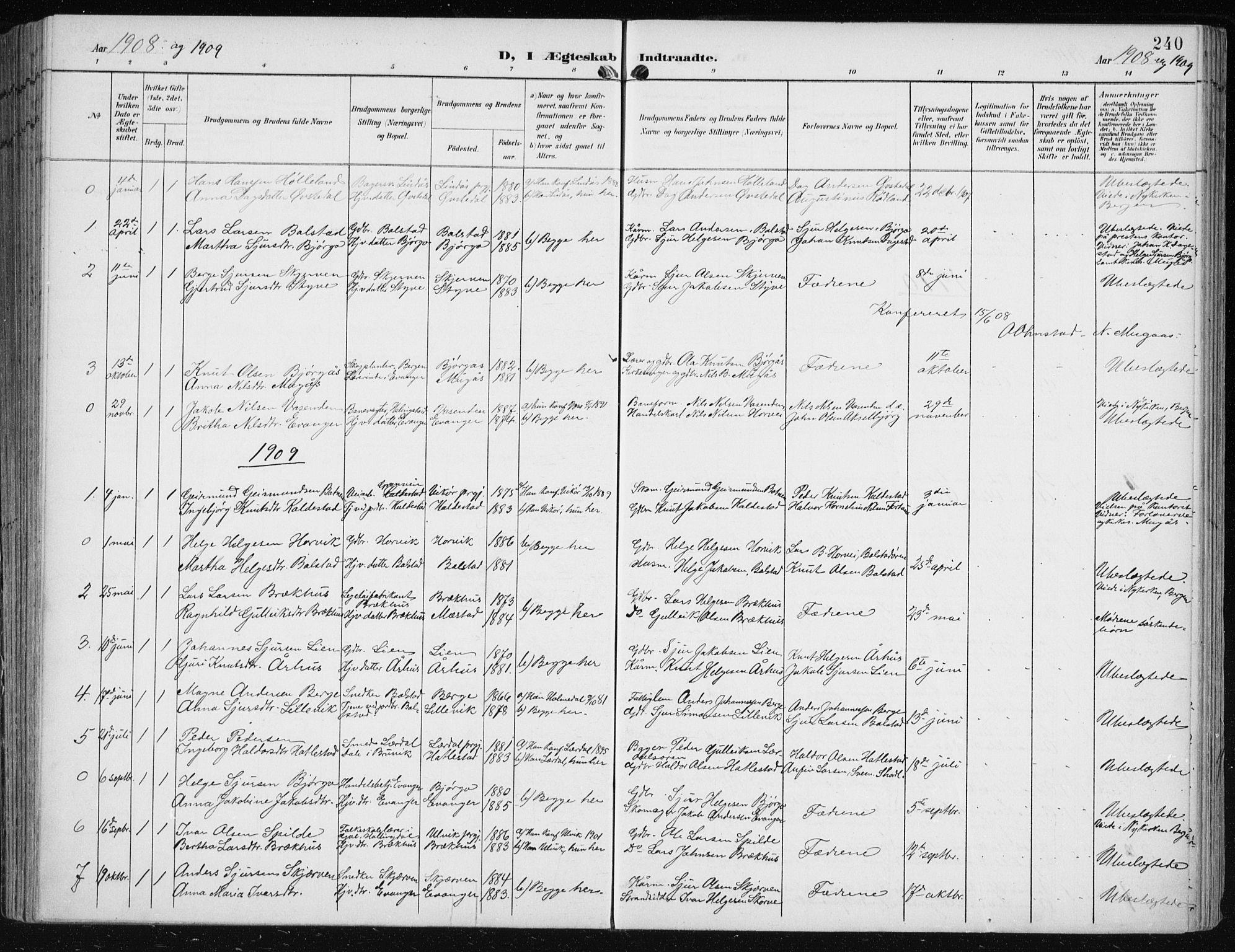 Evanger sokneprestembete, SAB/A-99924: Parish register (official) no. A  3, 1900-1930, p. 240