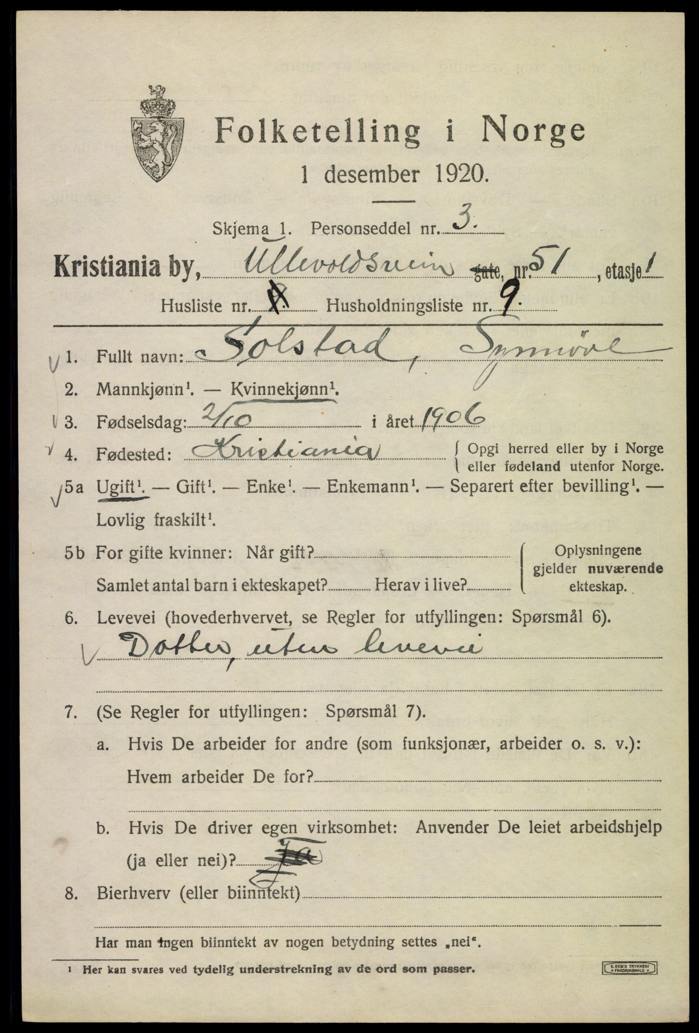 SAO, 1920 census for Kristiania, 1920, p. 614571