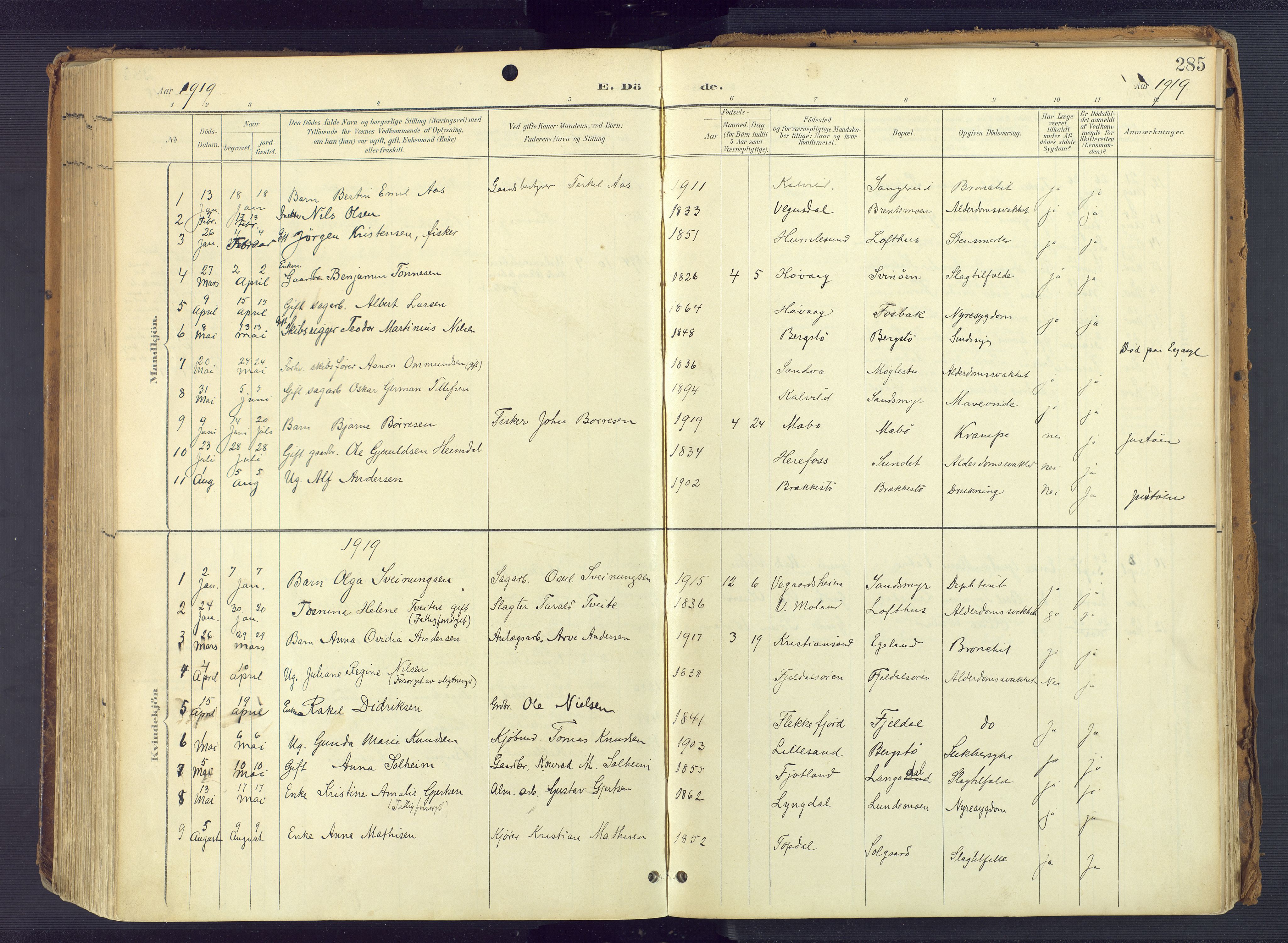 Vestre Moland sokneprestkontor, SAK/1111-0046/F/Fa/Fab/L0010: Parish register (official) no. A 10, 1900-1926, p. 285