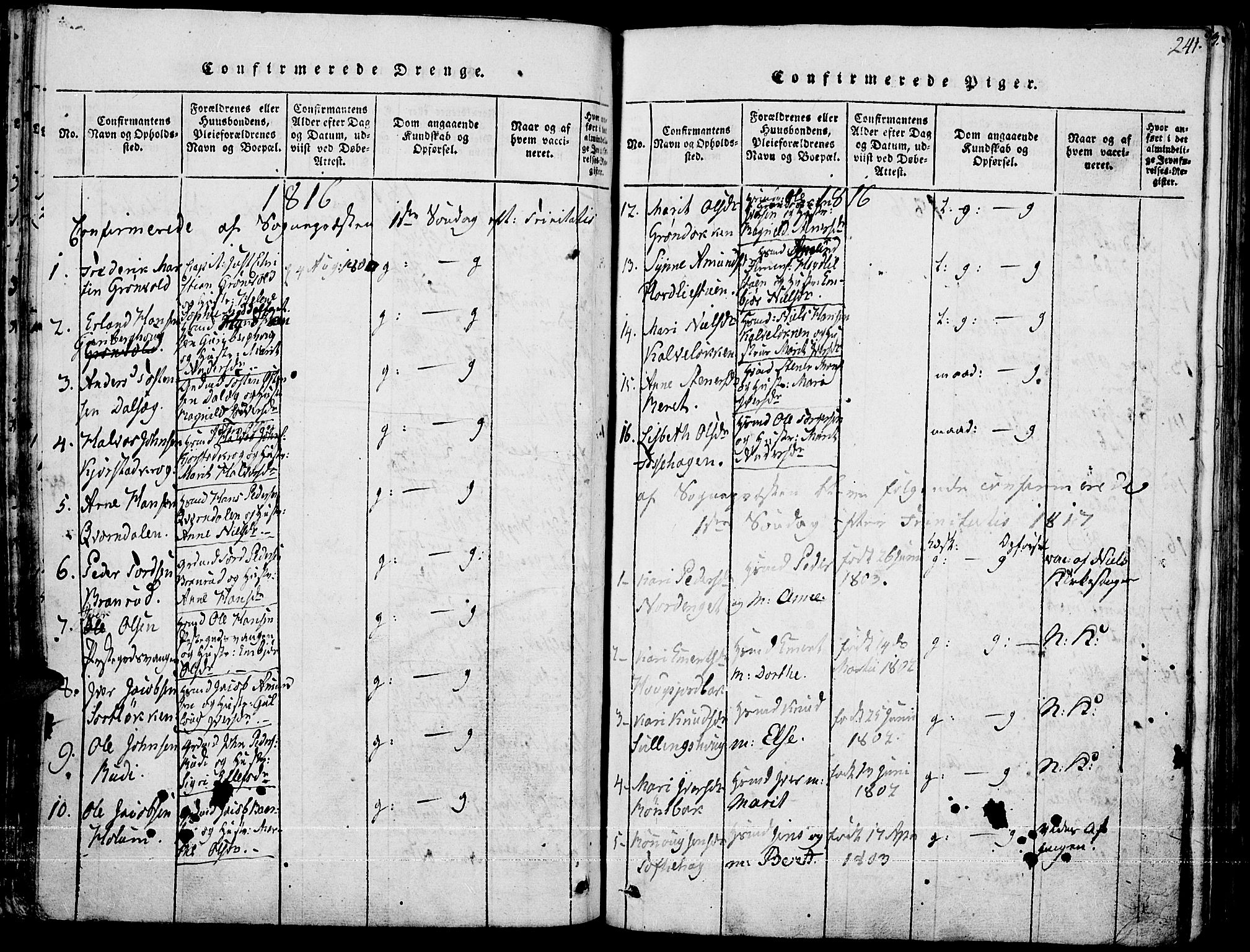Fron prestekontor, SAH/PREST-078/H/Ha/Haa/L0002: Parish register (official) no. 2, 1816-1827, p. 241