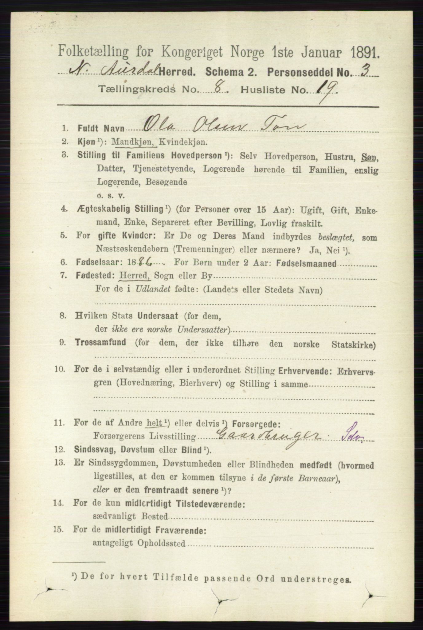 RA, 1891 census for 0542 Nord-Aurdal, 1891, p. 2912