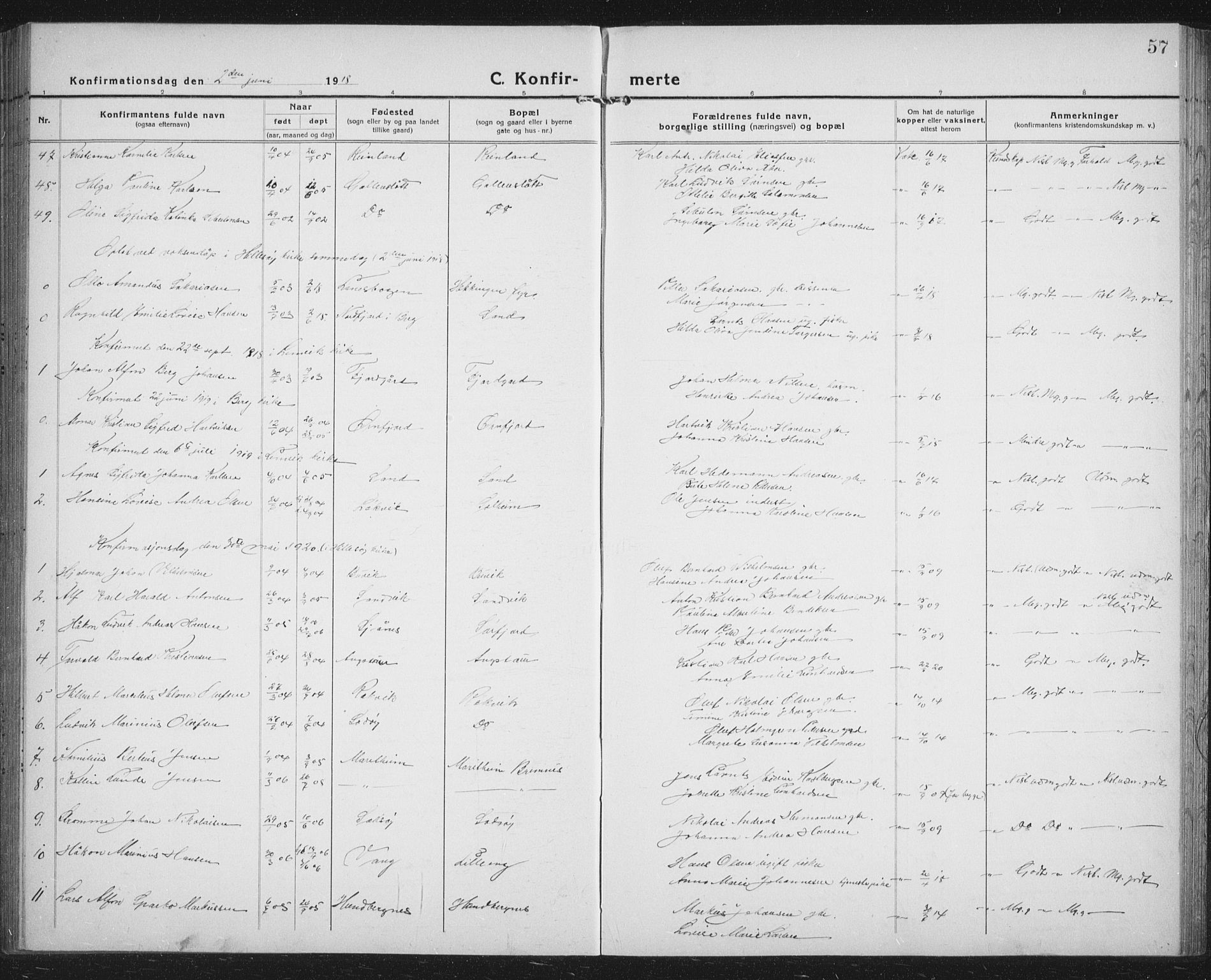 Lenvik sokneprestembete, SATØ/S-1310/H/Ha/Hab/L0023klokker: Parish register (copy) no. 23, 1918-1936, p. 57