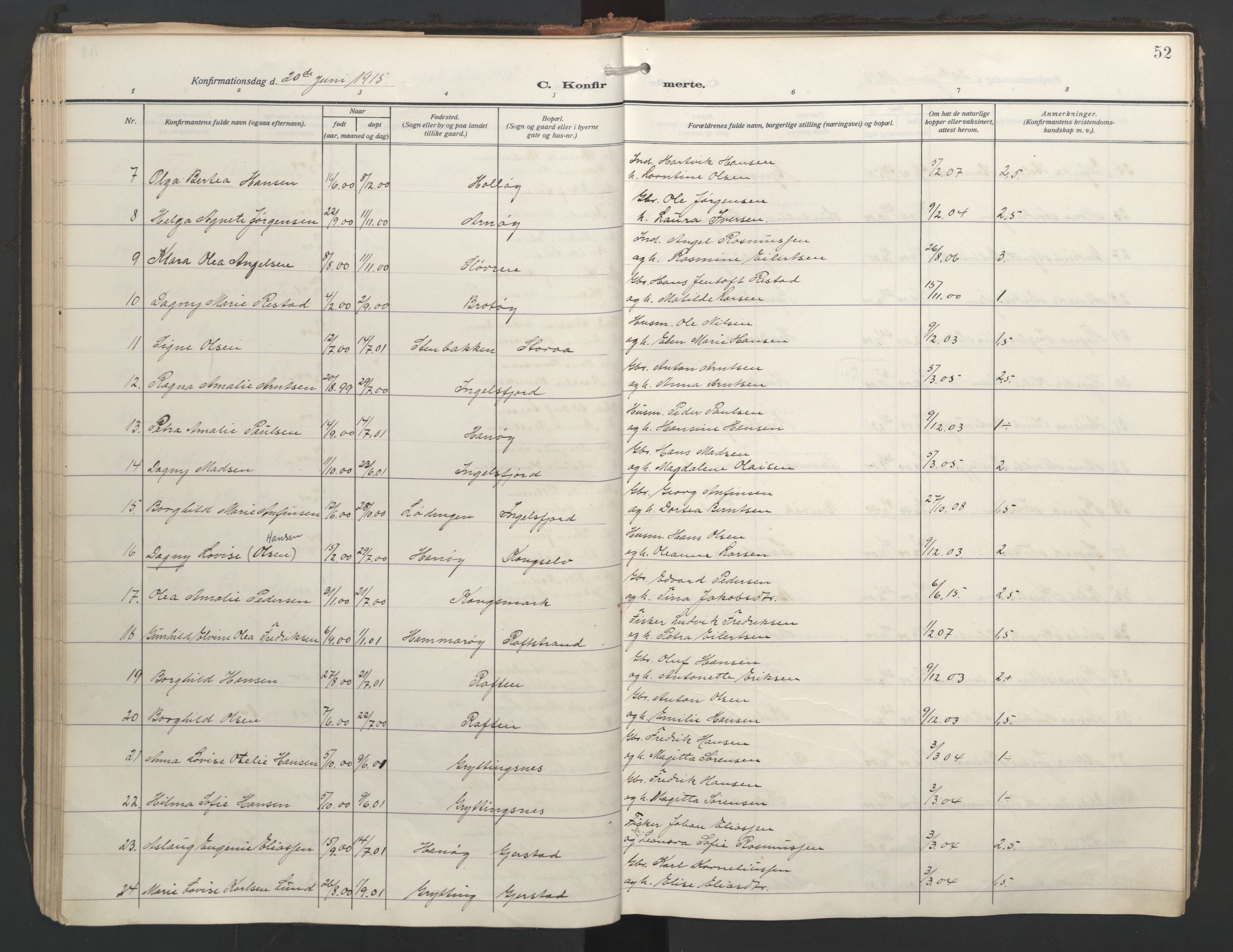 Ministerialprotokoller, klokkerbøker og fødselsregistre - Nordland, AV/SAT-A-1459/888/L1249: Parish register (official) no. 888A15, 1911-1929, p. 52