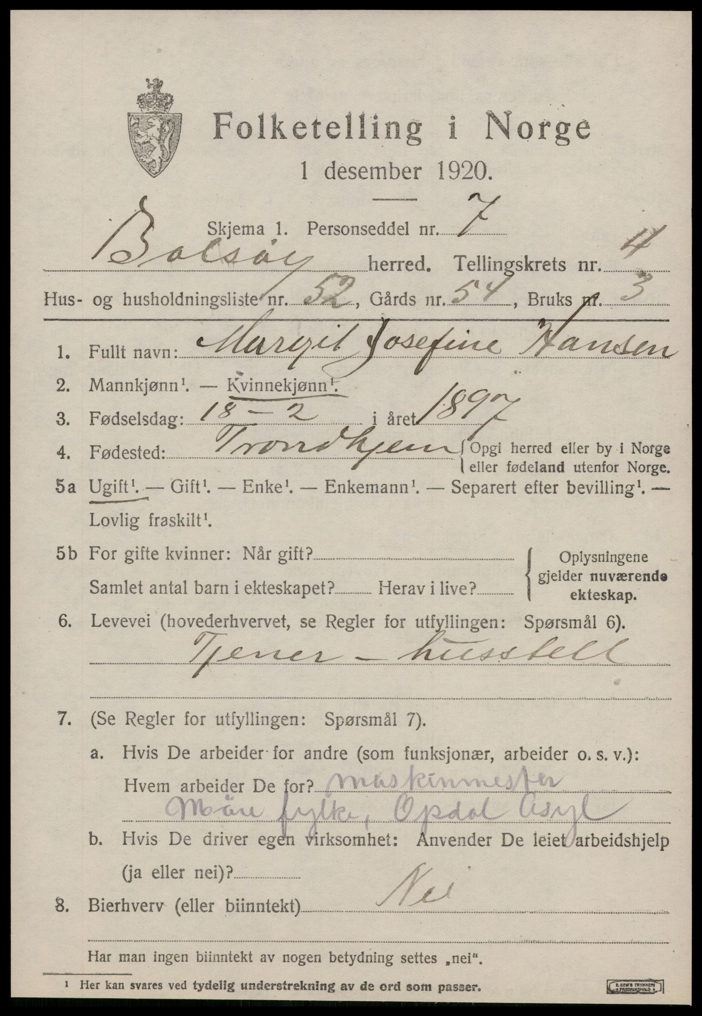 SAT, 1920 census for Bolsøy, 1920, p. 7143