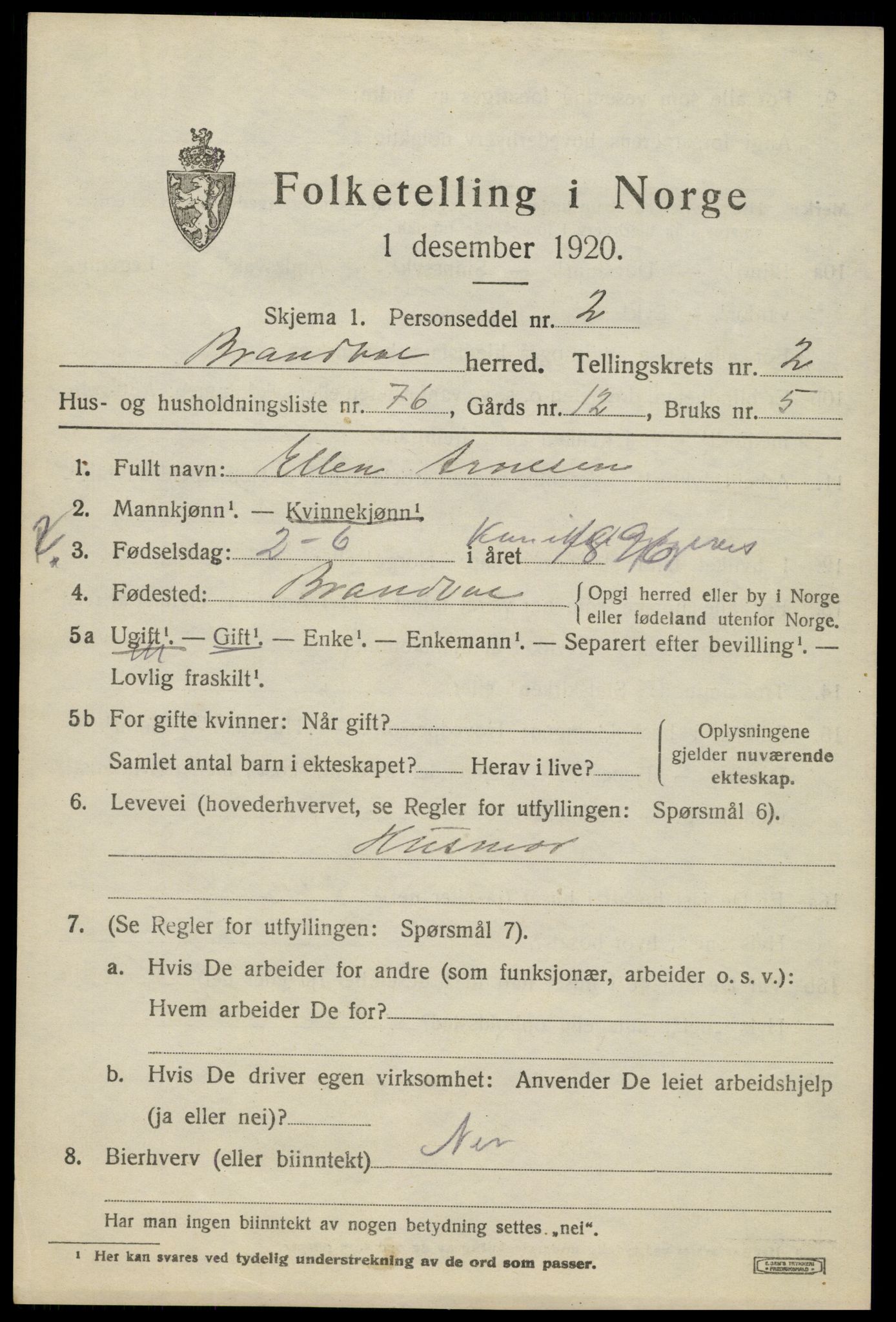 SAH, 1920 census for Brandval, 1920, p. 3006