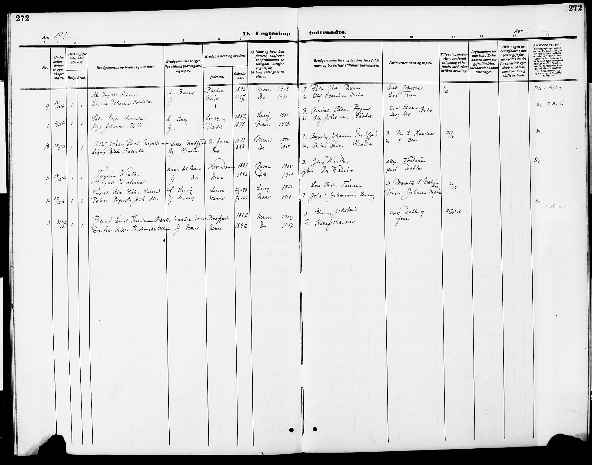 Ministerialprotokoller, klokkerbøker og fødselsregistre - Nordland, AV/SAT-A-1459/838/L0560: Parish register (copy) no. 838C07, 1910-1928, p. 272