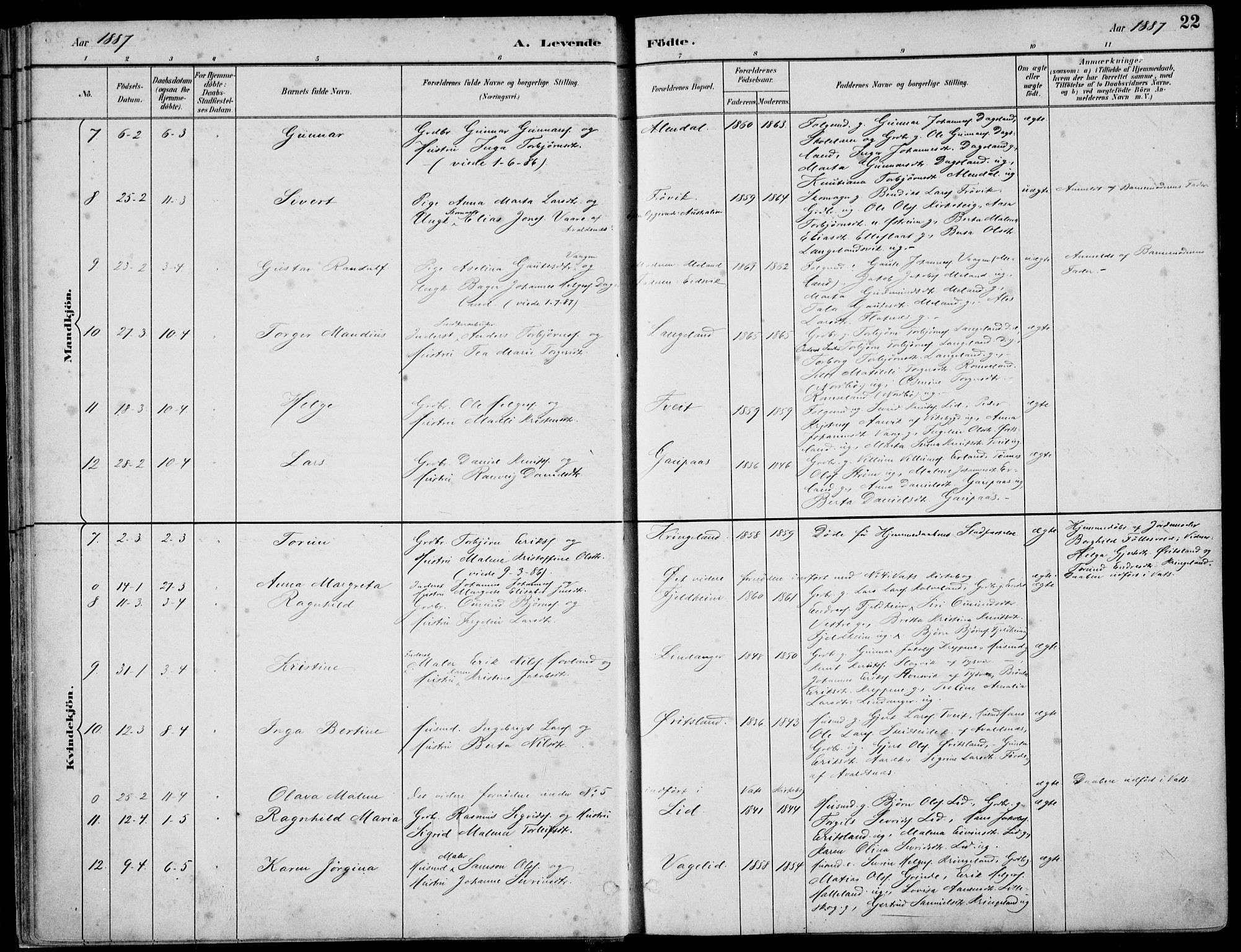 Skjold sokneprestkontor, AV/SAST-A-101847/H/Ha/Haa/L0010: Parish register (official) no. A 10, 1882-1897, p. 22