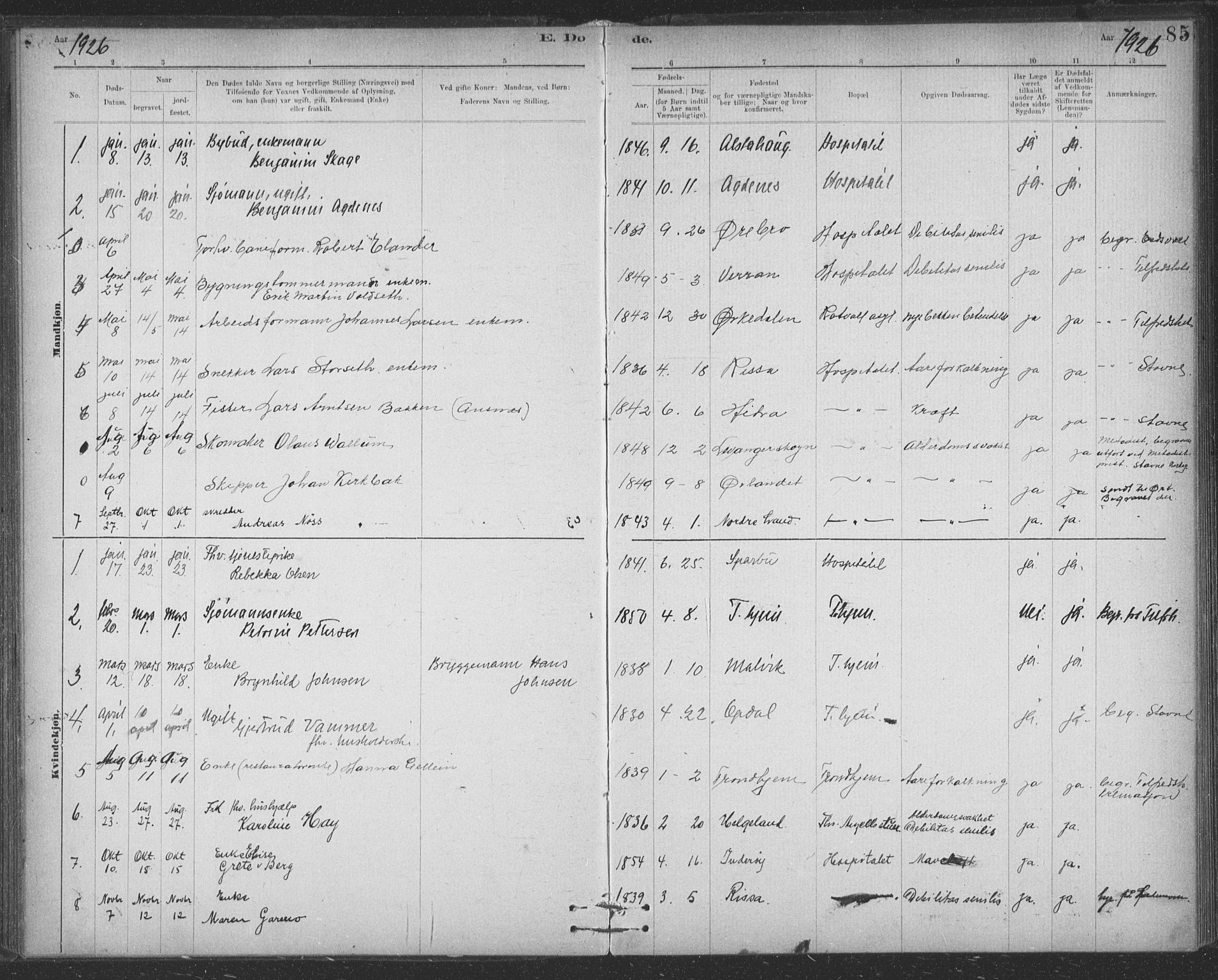 Ministerialprotokoller, klokkerbøker og fødselsregistre - Sør-Trøndelag, SAT/A-1456/623/L0470: Parish register (official) no. 623A04, 1884-1938, p. 85