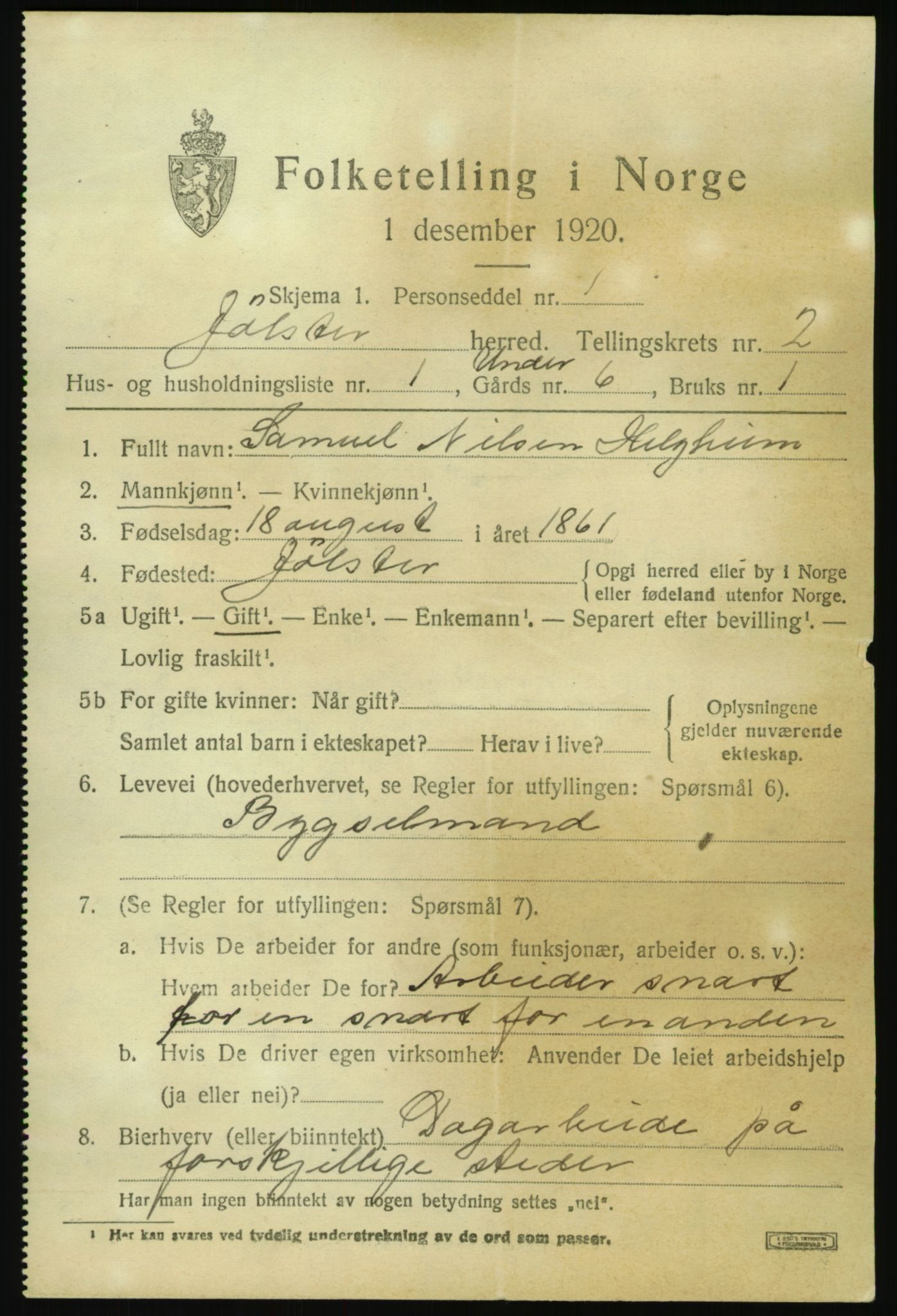 SAB, 1920 census for Jølster, 1920, p. 1568