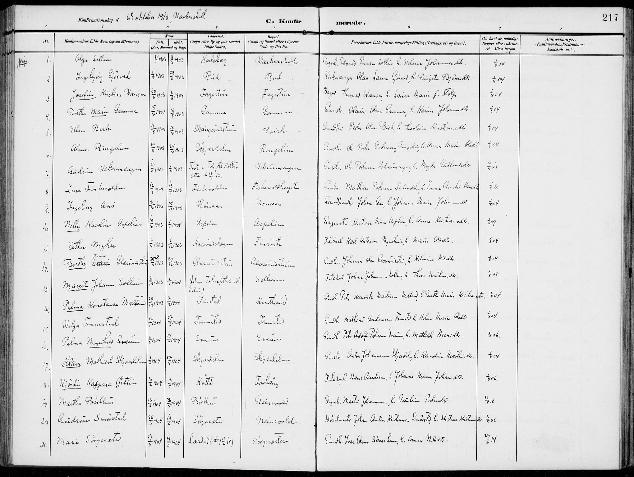 Vestre Toten prestekontor, AV/SAH-PREST-108/H/Ha/Haa/L0014: Parish register (official) no. 14, 1907-1920, p. 217