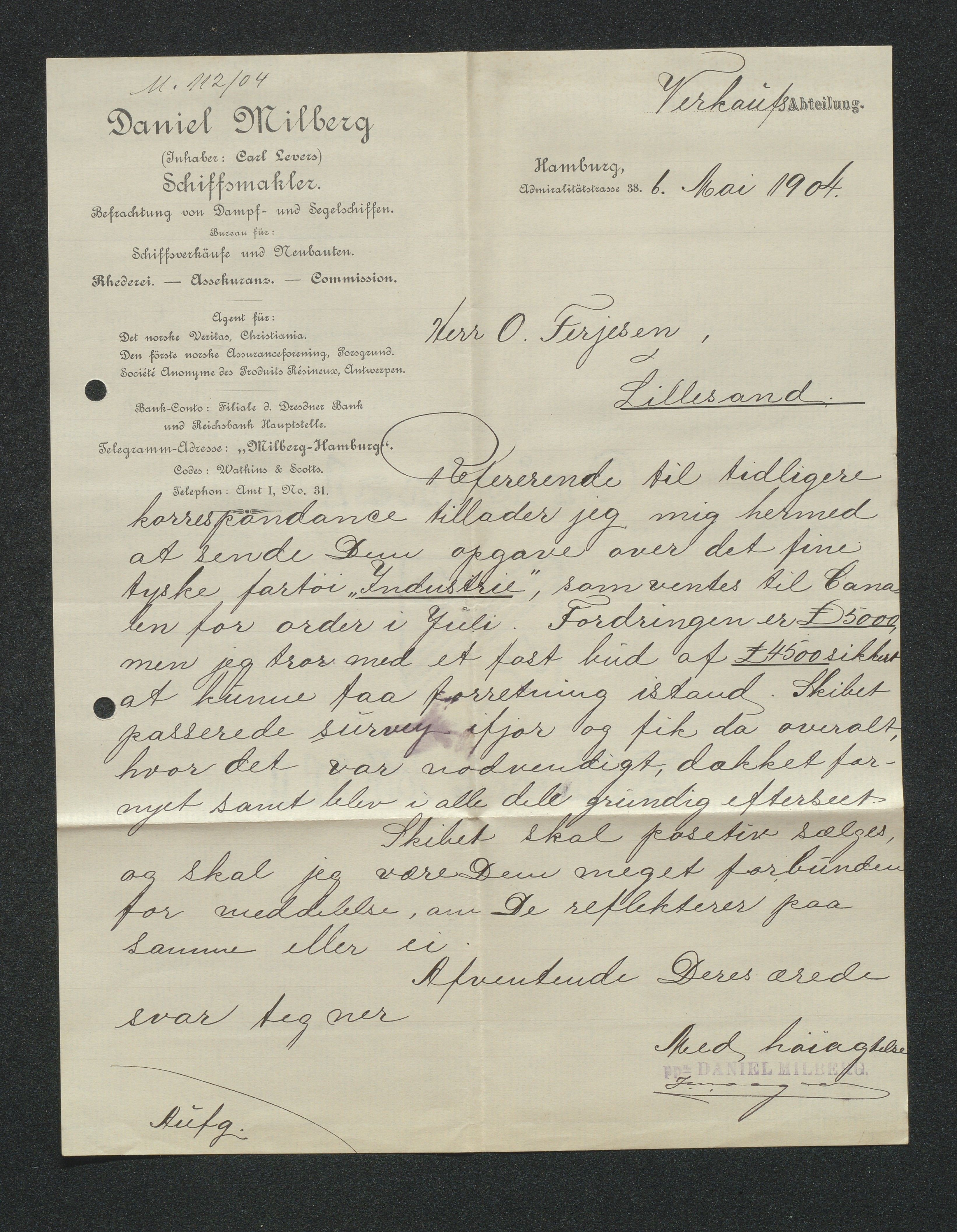O. Terjesens rederi, AAKS/PA-2525/E/E01/L0013: Korrespondanse, 1904-1905