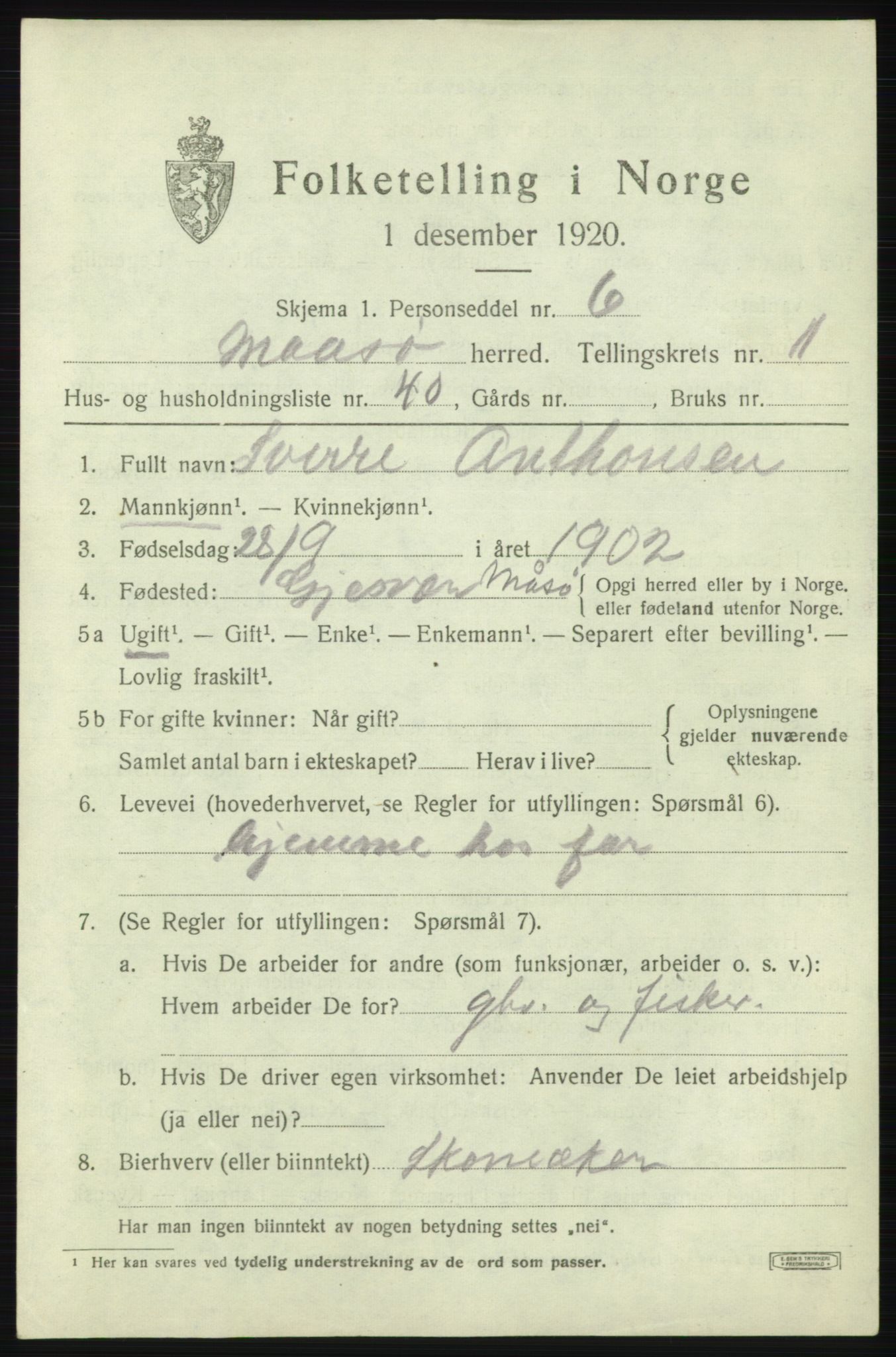 SATØ, 1920 census for Måsøy, 1920, p. 1250