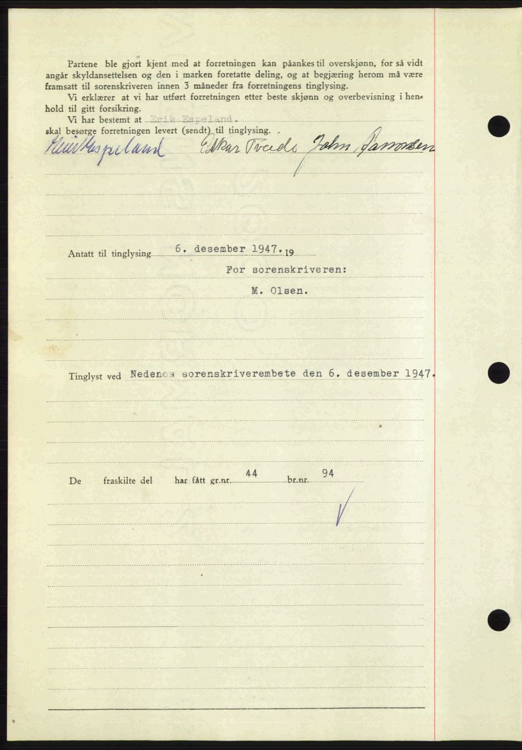 Nedenes sorenskriveri, AV/SAK-1221-0006/G/Gb/Gba/L0058: Mortgage book no. A10, 1947-1948, Diary no: : 1851/1947