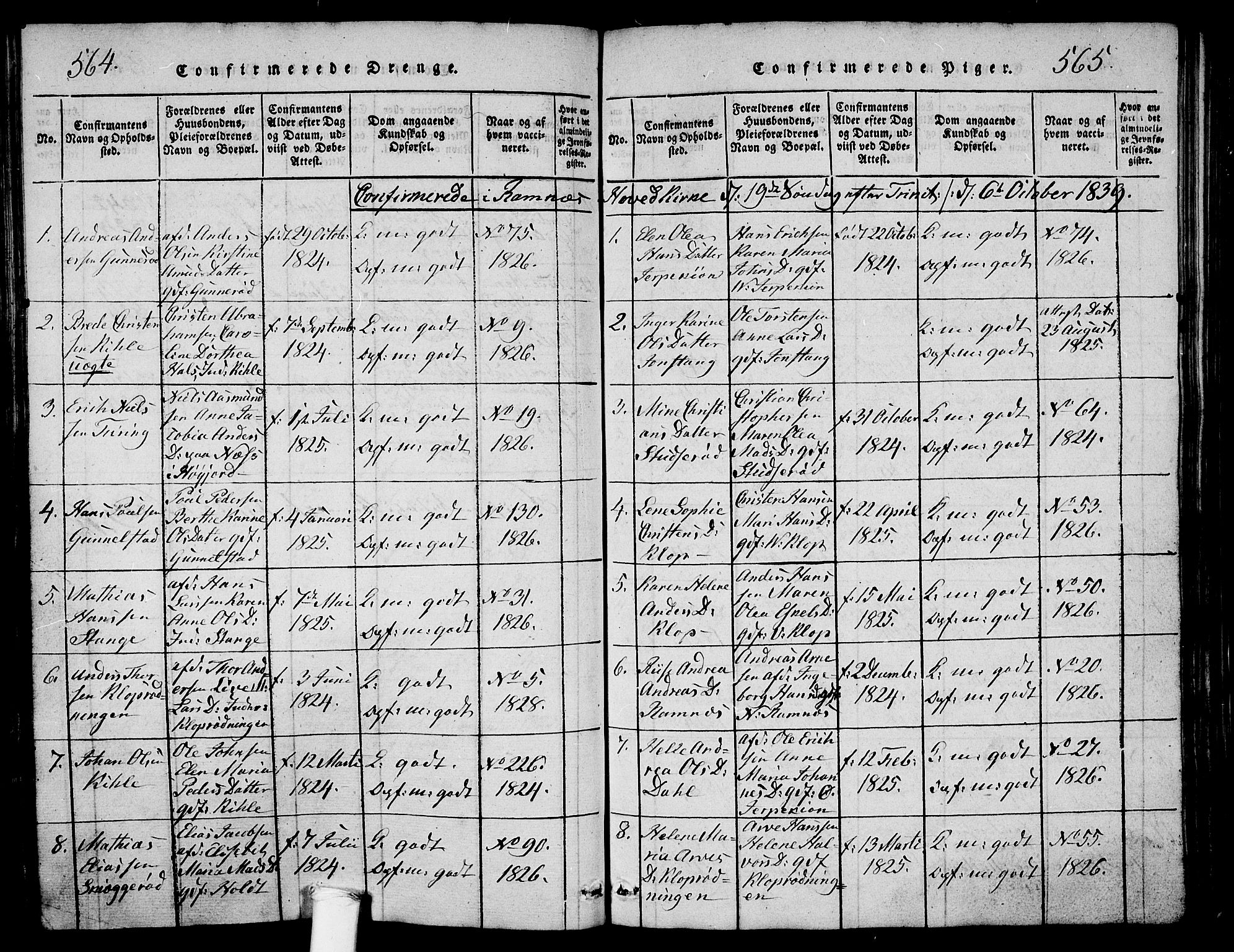 Ramnes kirkebøker, AV/SAKO-A-314/G/Ga/L0001: Parish register (copy) no. I 1, 1813-1847, p. 564-565