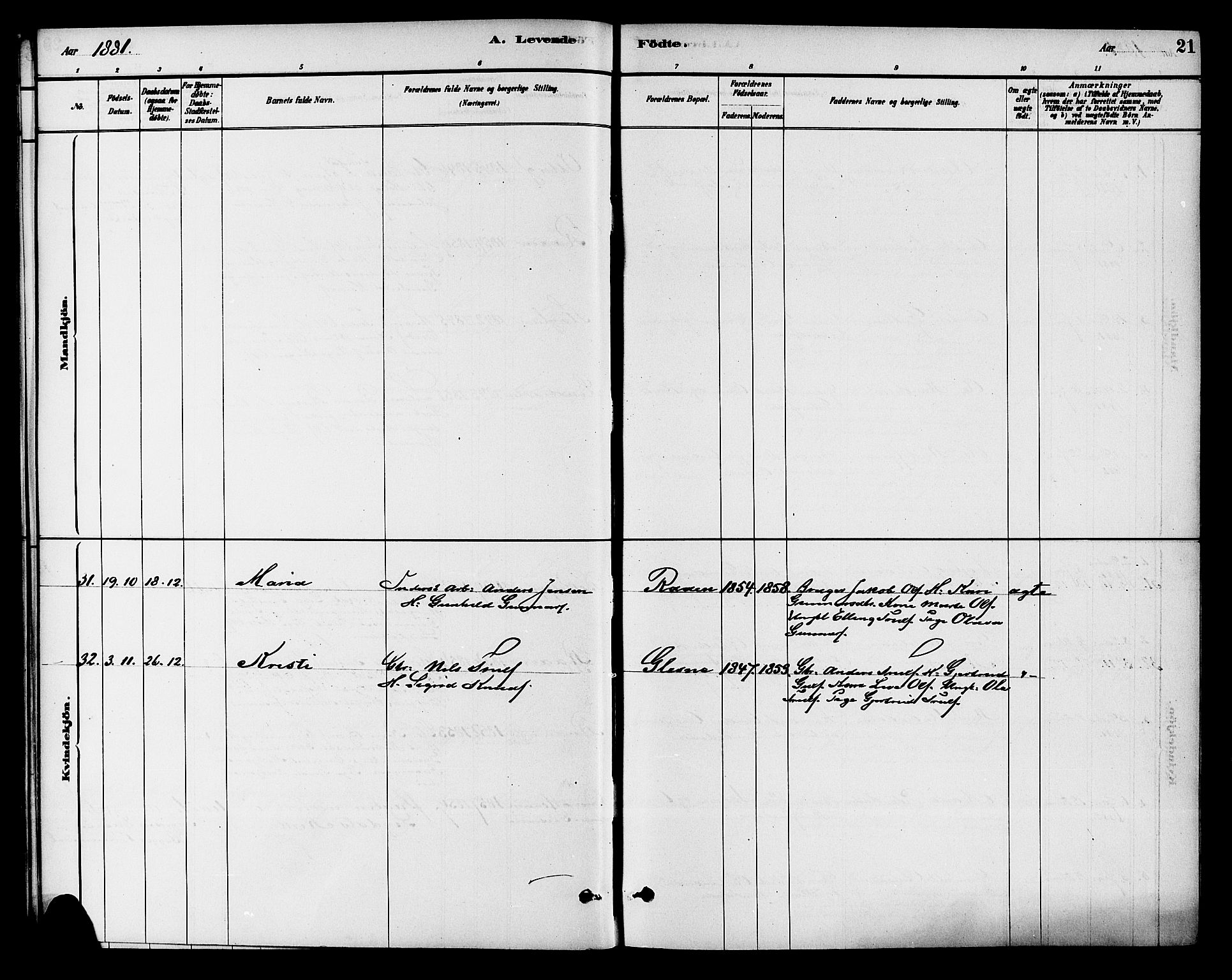 Krødsherad kirkebøker, AV/SAKO-A-19/G/Ga/L0001: Parish register (copy) no. 1, 1879-1893, p. 21