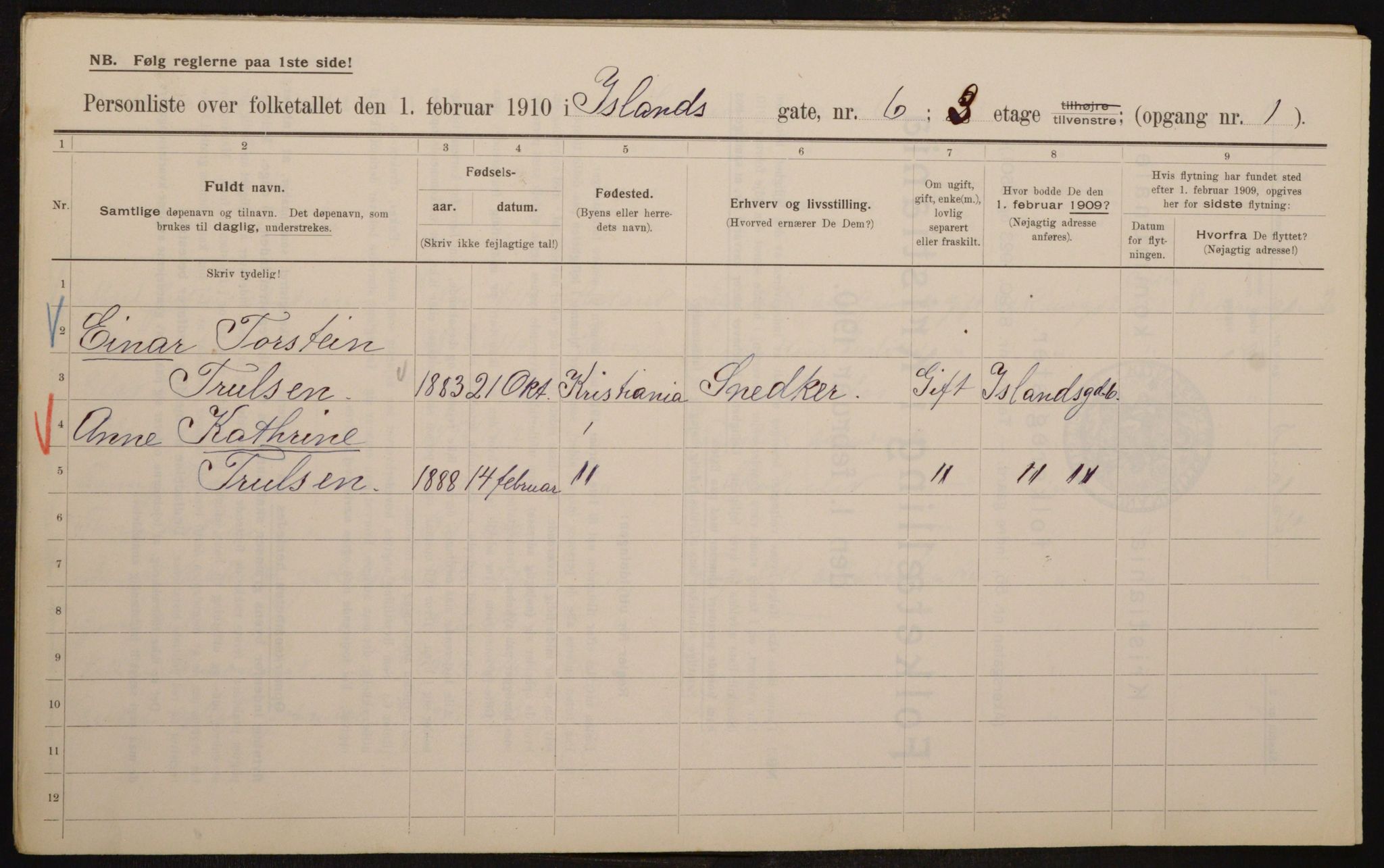 OBA, Municipal Census 1910 for Kristiania, 1910, p. 43412