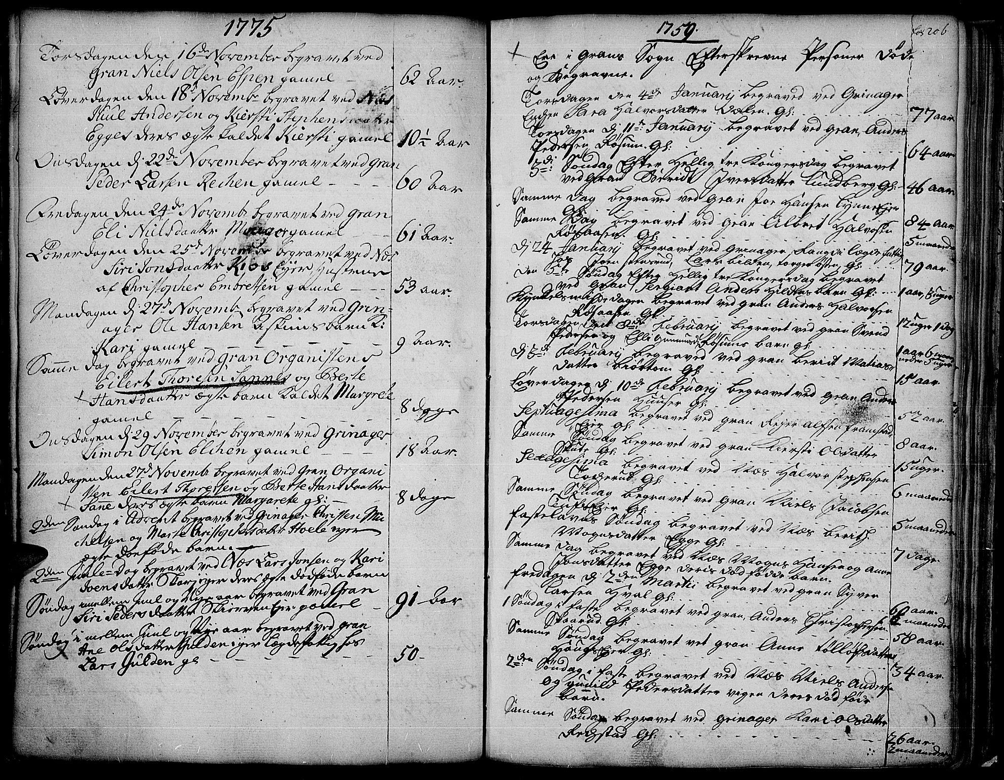 Gran prestekontor, AV/SAH-PREST-112/H/Ha/Haa/L0004: Parish register (official) no. 4, 1759-1775, p. 206