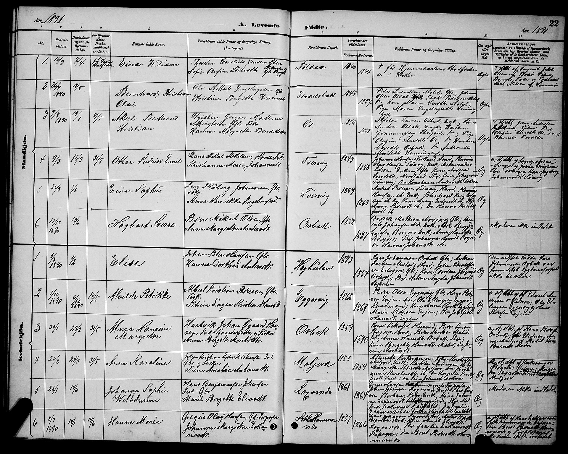 Ministerialprotokoller, klokkerbøker og fødselsregistre - Nordland, AV/SAT-A-1459/846/L0654: Parish register (copy) no. 846C04, 1887-1901, p. 22