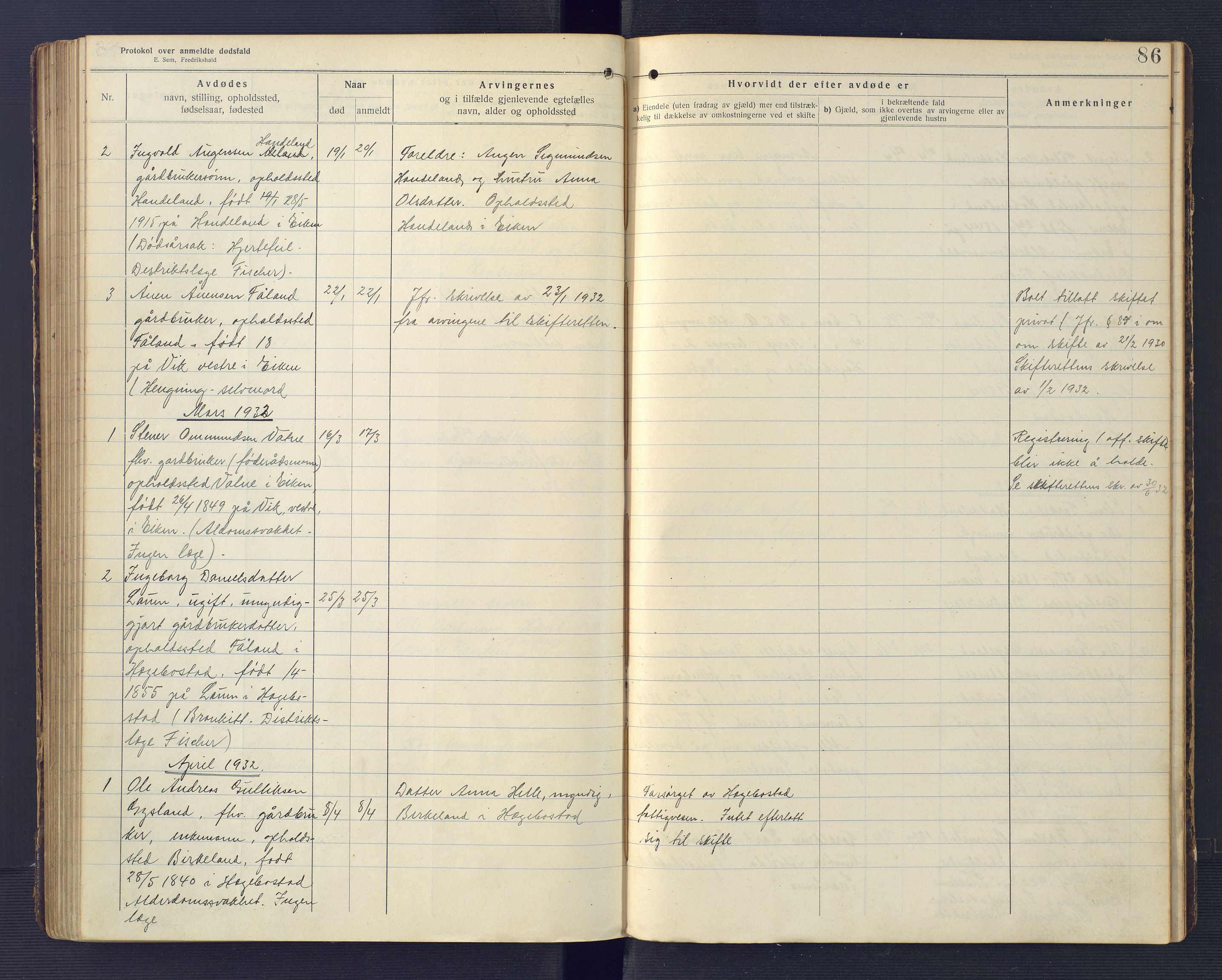 Hægebostad og Eiken lensmannskontor, SAK/1241-0023/F/Fe/L0002: Dødsfallsprotokoll nr 34, 1917-1932, p. 86