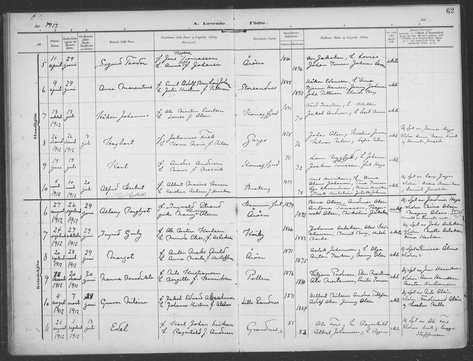 Talvik sokneprestkontor, AV/SATØ-S-1337/H/Ha/L0017kirke: Parish register (official) no. 17, 1906-1915, p. 62