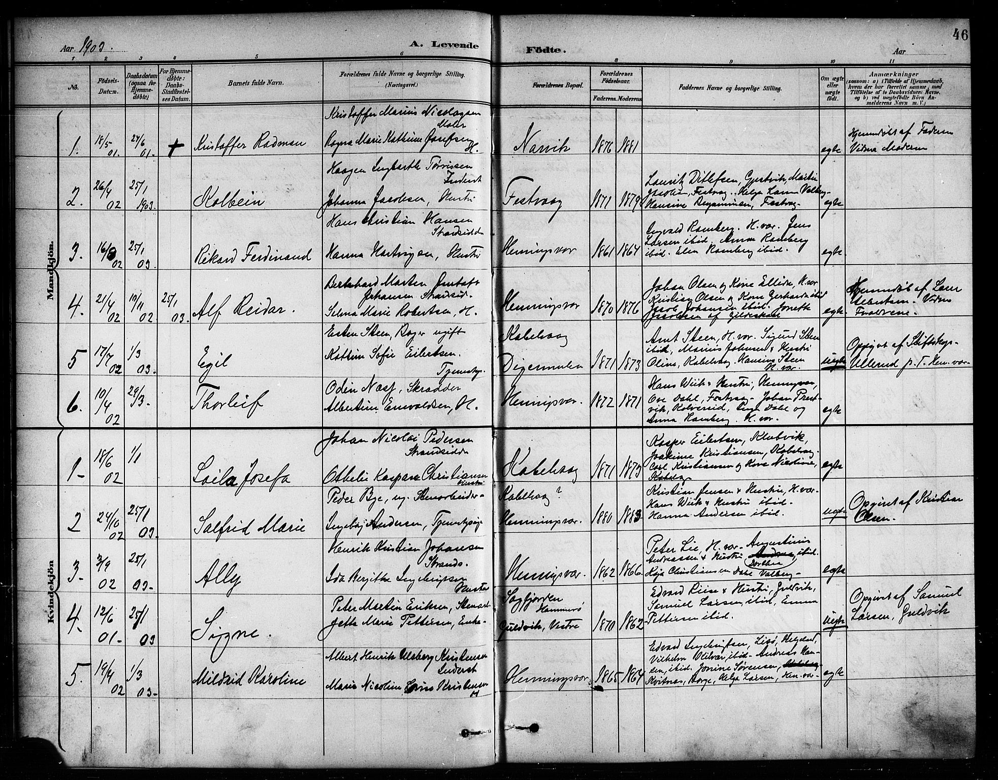 Ministerialprotokoller, klokkerbøker og fødselsregistre - Nordland, SAT/A-1459/874/L1078: Parish register (copy) no. 874C07, 1900-1907, p. 46