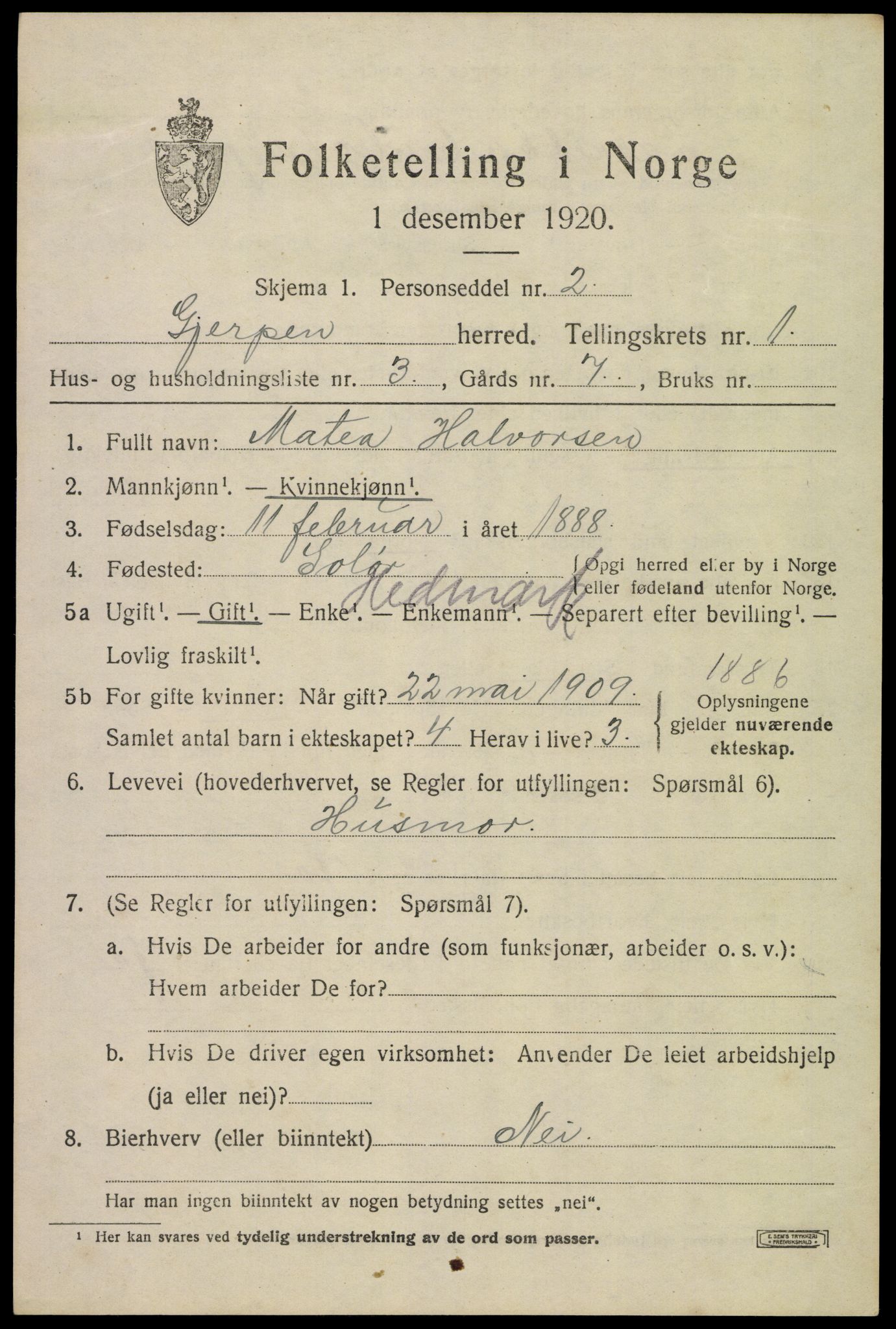 SAKO, 1920 census for Gjerpen, 1920, p. 2714