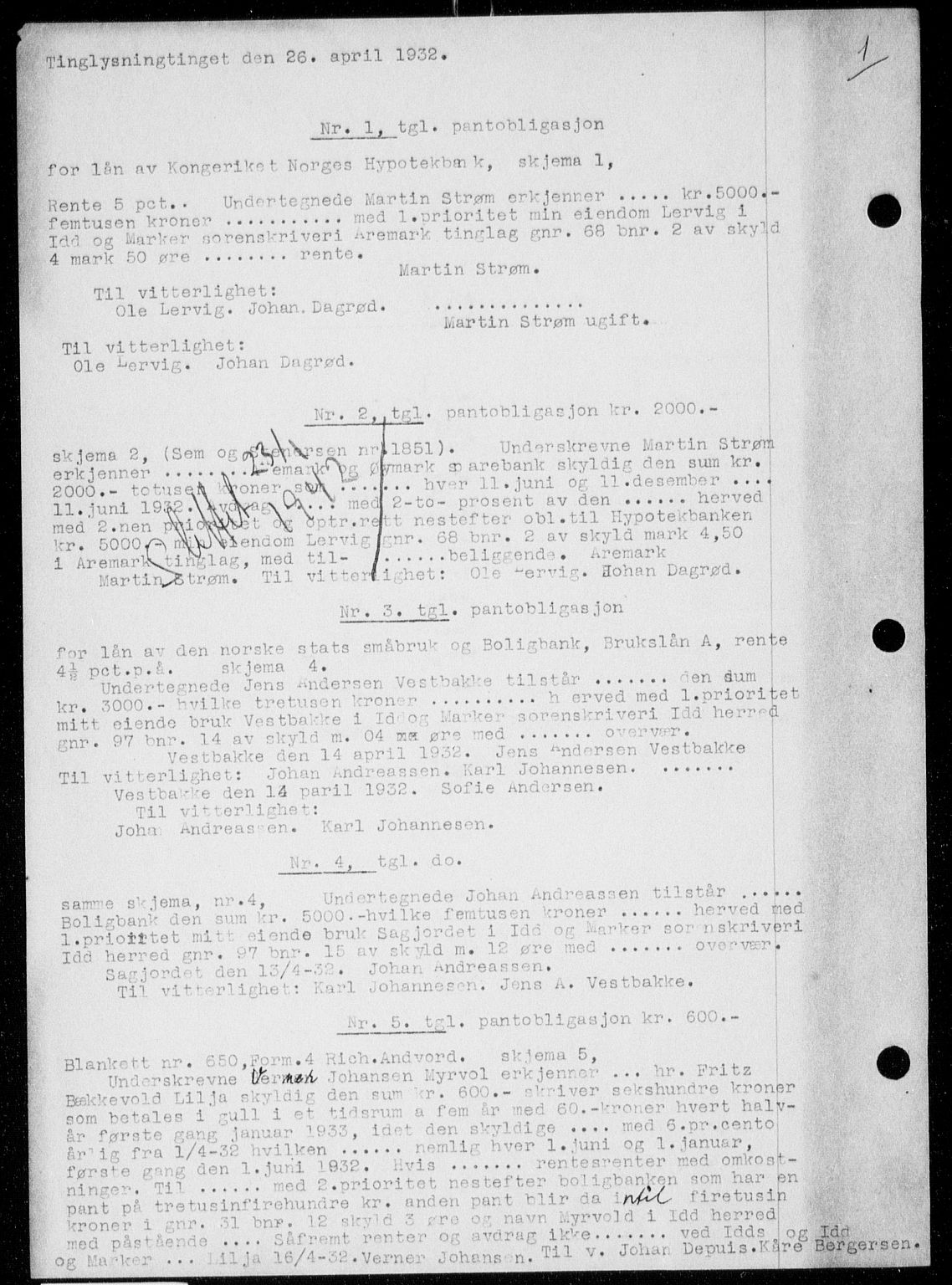 Idd og Marker sorenskriveri, SAO/A-10283/G/Gb/Gba/L0047: Mortgage book no. 47, 1932-1932, p. 1