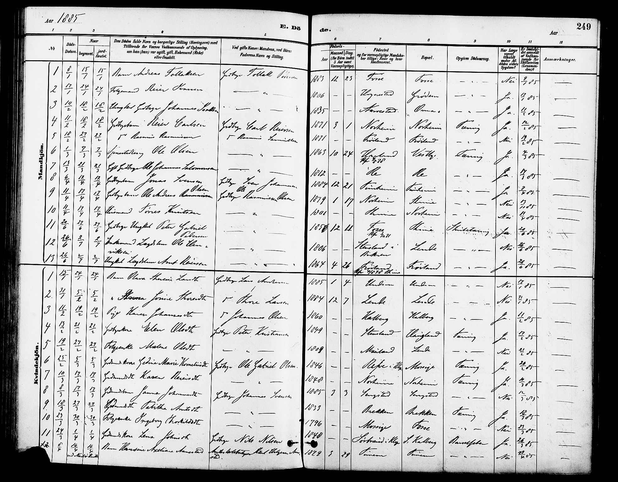 Lye sokneprestkontor, SAST/A-101794/001/30BA/L0009: Parish register (official) no. A 8, 1881-1892, p. 249