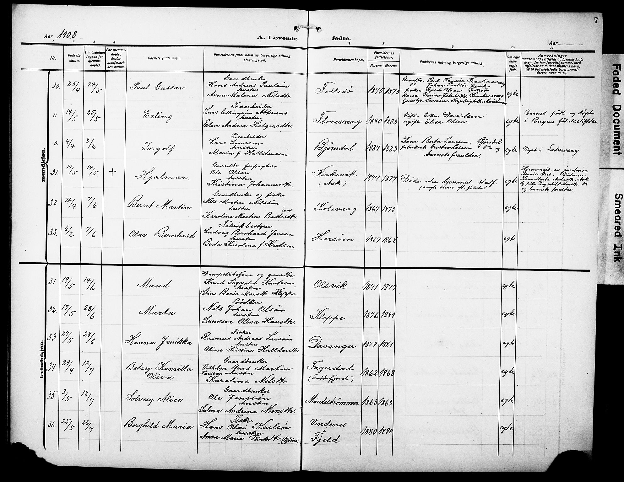 Askøy Sokneprestembete, AV/SAB-A-74101/H/Ha/Hab/Haba/L0011: Parish register (copy) no. A 11, 1908-1931, p. 7