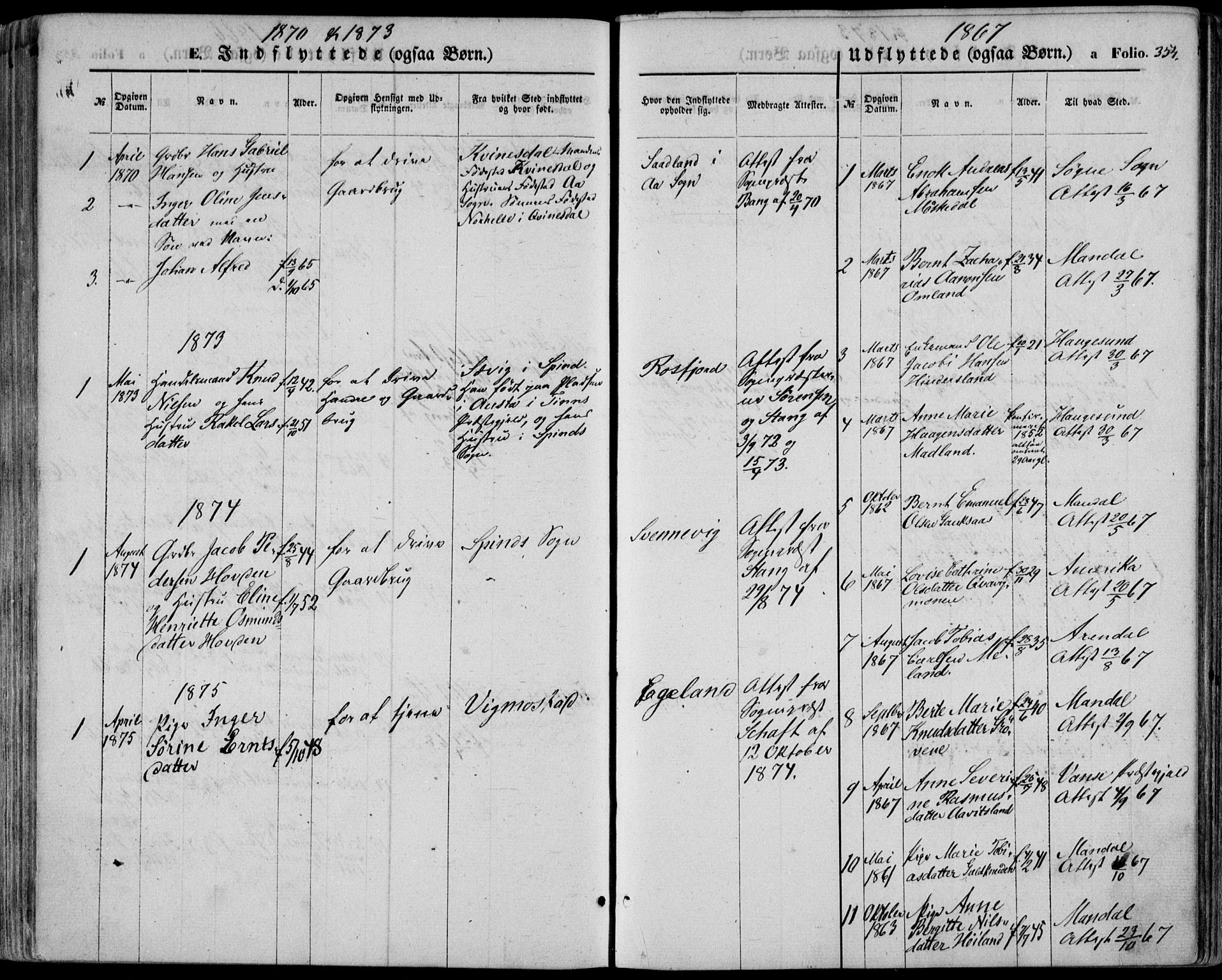 Lyngdal sokneprestkontor, AV/SAK-1111-0029/F/Fa/Fac/L0010: Parish register (official) no. A 10, 1865-1878, p. 354