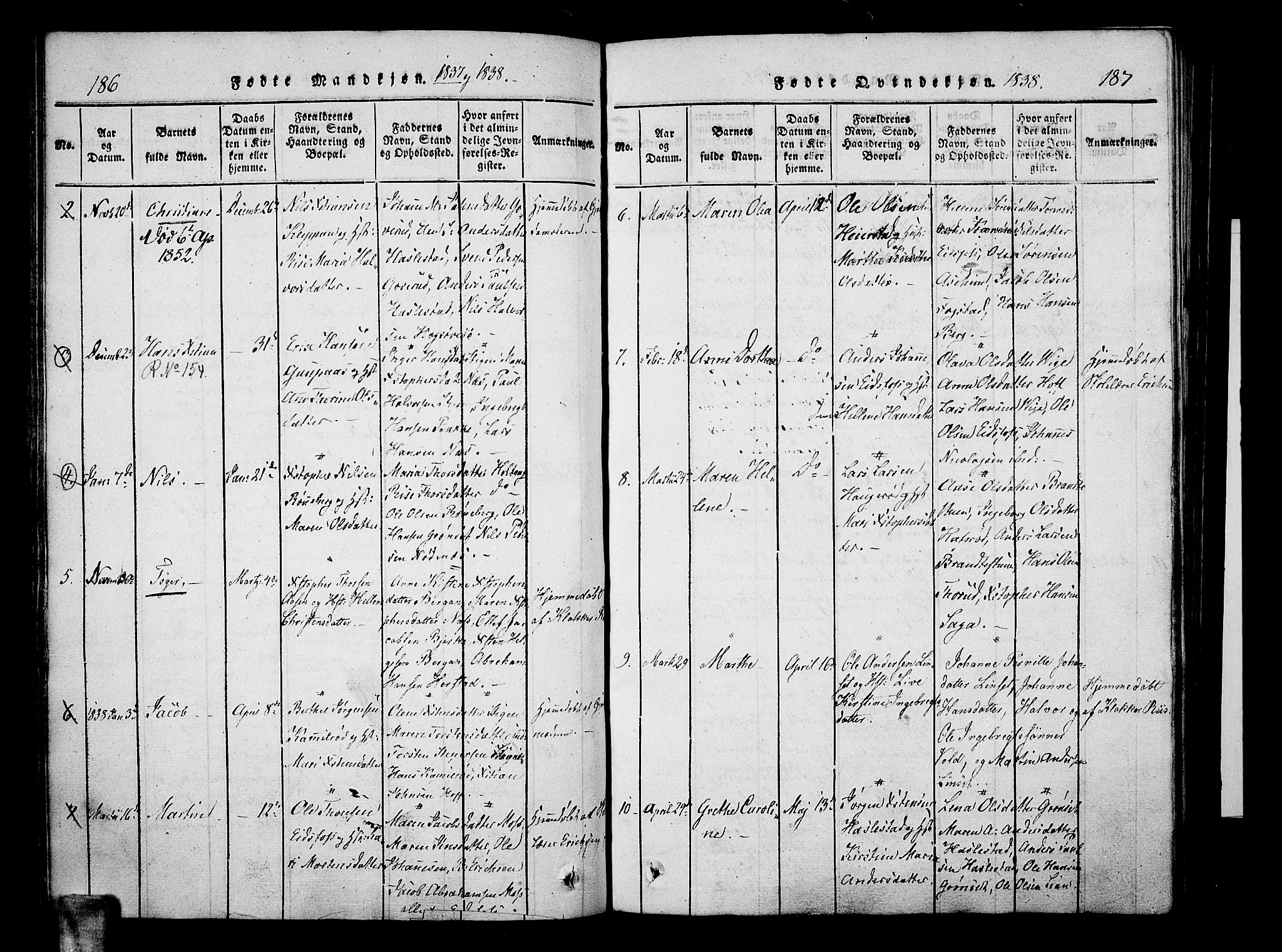 Hof kirkebøker, SAKO/A-64/F/Fa/L0004: Parish register (official) no. I 4, 1814-1843, p. 186-187