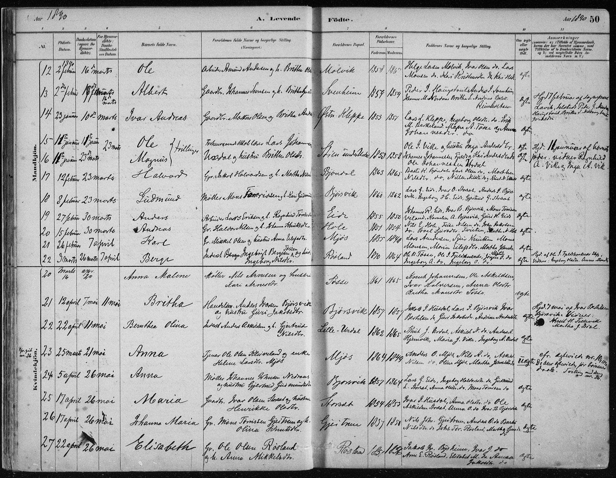 Hosanger sokneprestembete, AV/SAB-A-75801/H/Haa: Parish register (official) no. B  1, 1880-1896, p. 50