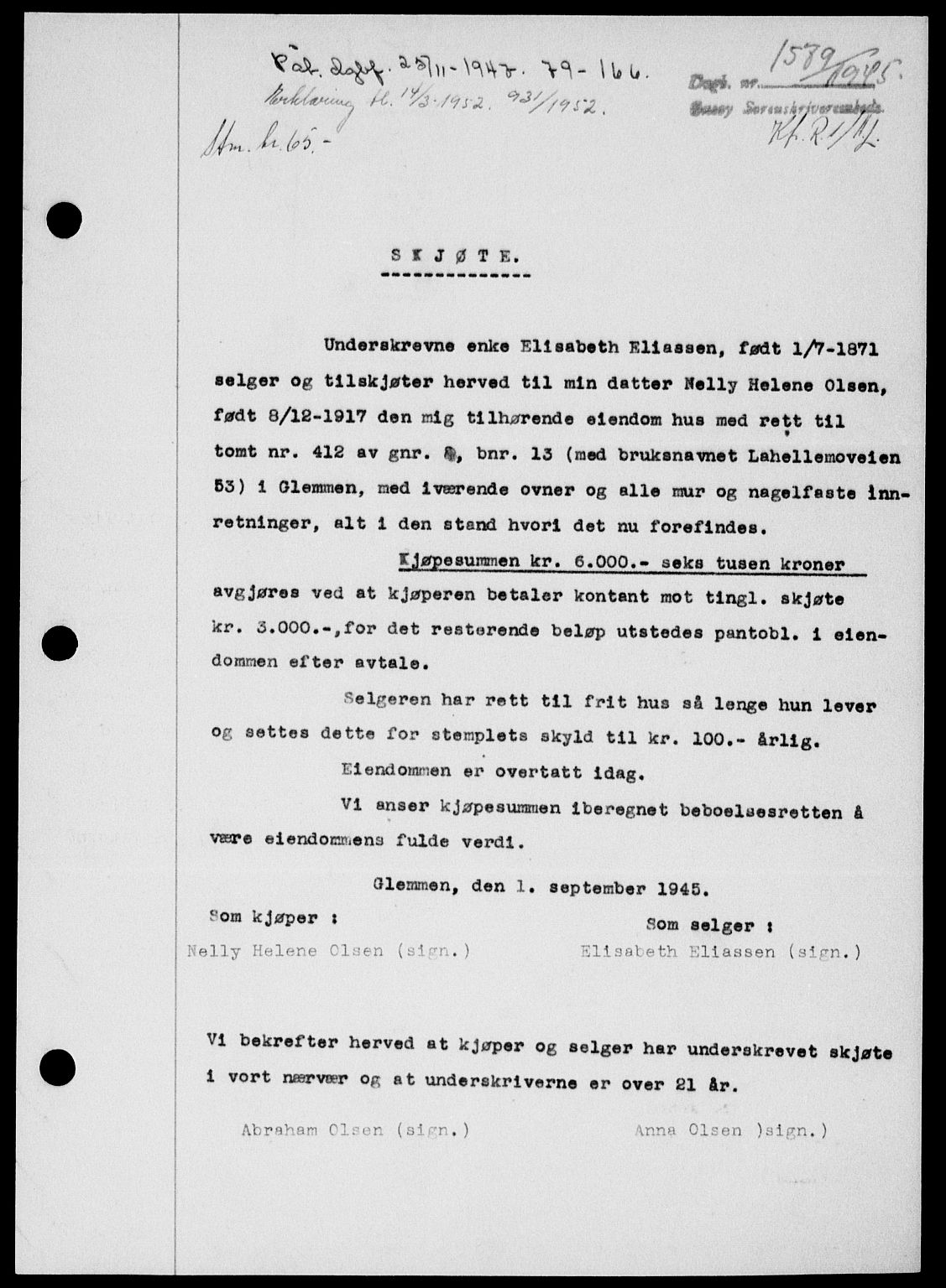 Onsøy sorenskriveri, SAO/A-10474/G/Ga/Gab/L0015: Mortgage book no. II A-15, 1945-1946, Diary no: : 1579/1945