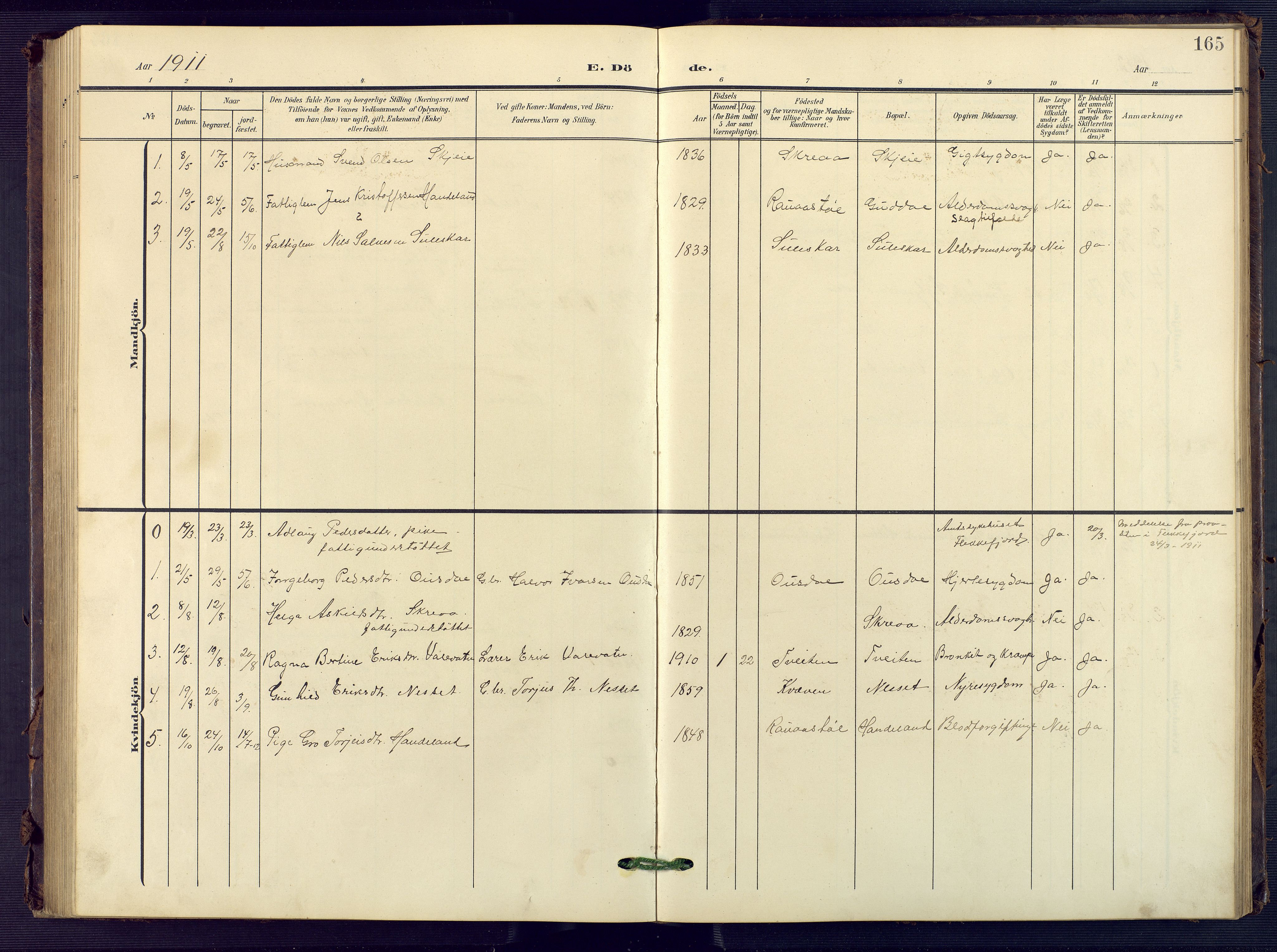 Sirdal sokneprestkontor, SAK/1111-0036/F/Fb/Fba/L0002: Parish register (copy) no. B 2, 1905-1958, p. 165