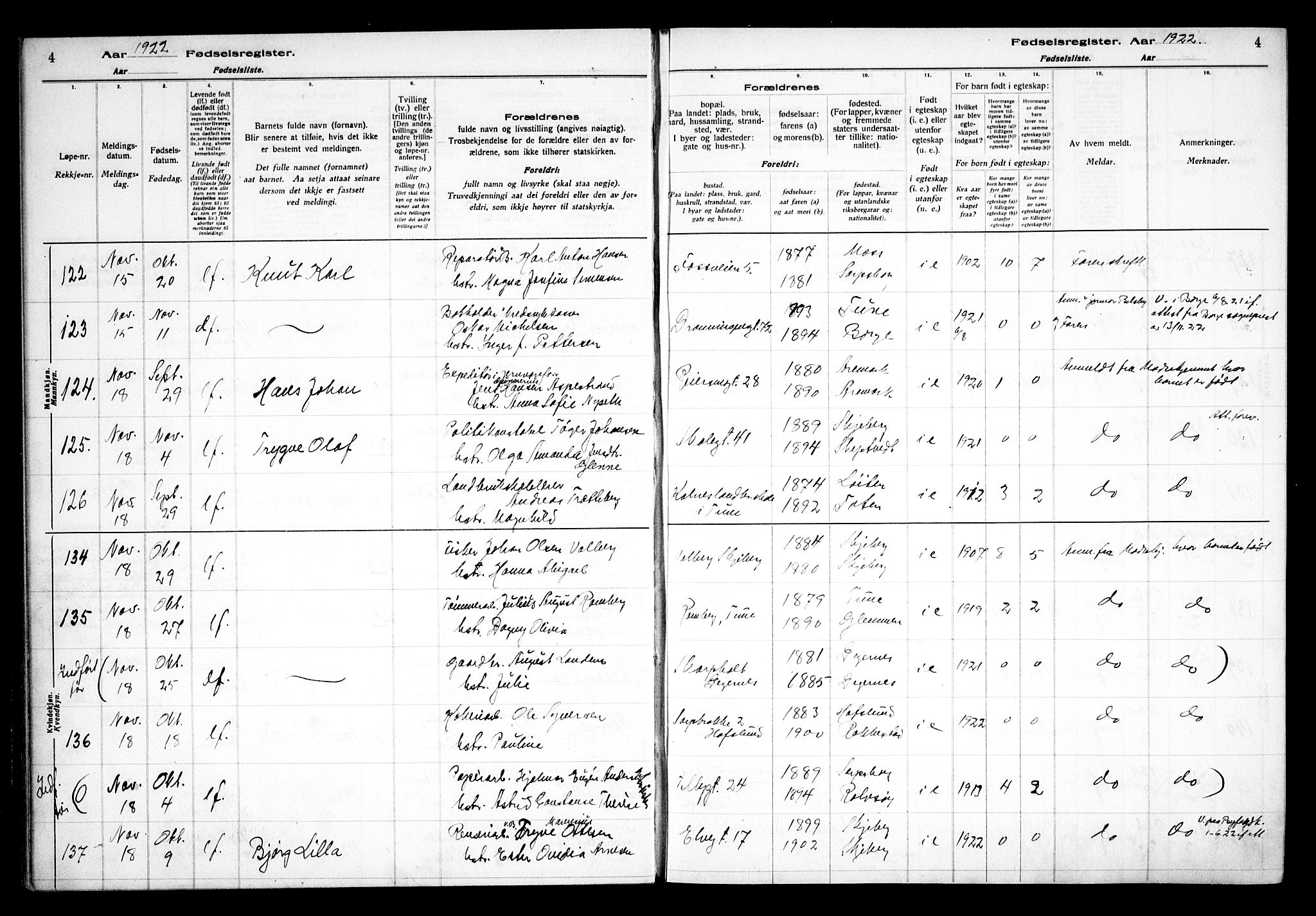 Sarpsborg prestekontor Kirkebøker, SAO/A-2006/J/Ja/L0002: Birth register no. 2, 1922-1928, p. 4