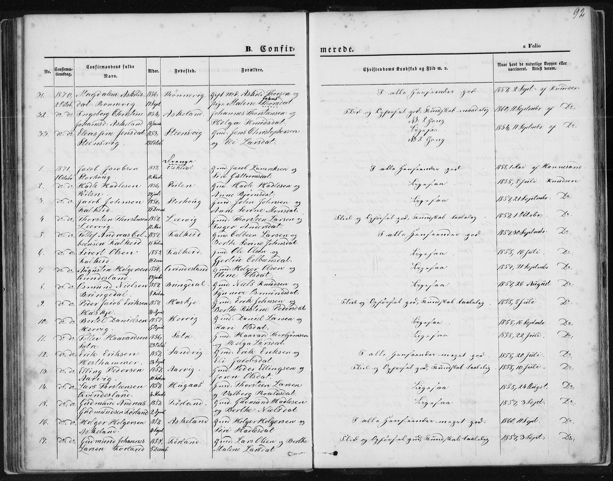 Tysvær sokneprestkontor, SAST/A -101864/H/Ha/Haa/L0005: Parish register (official) no. A 5, 1865-1878, p. 92