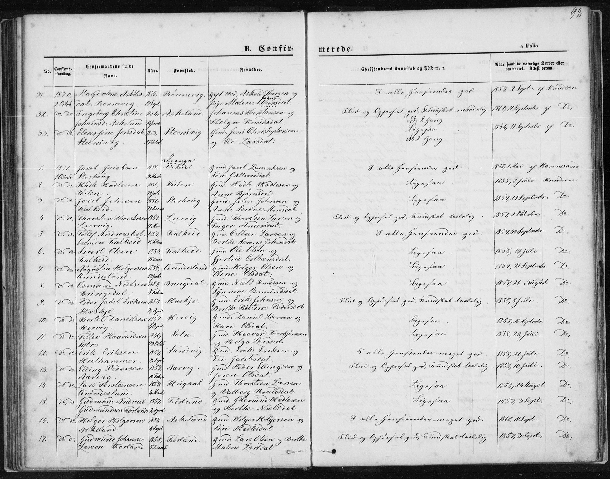 Tysvær sokneprestkontor, AV/SAST-A -101864/H/Ha/Haa/L0005: Parish register (official) no. A 5, 1865-1878, p. 92