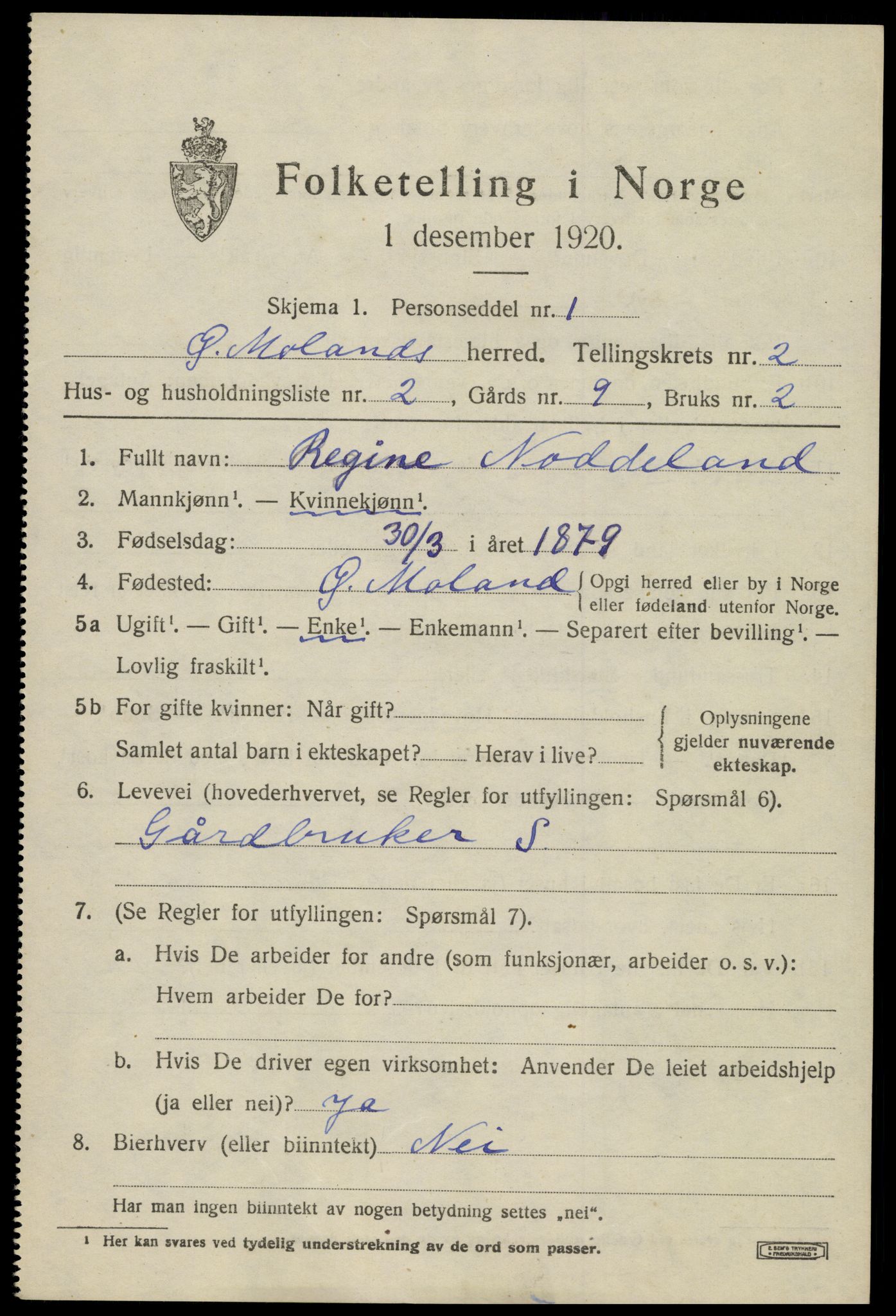 SAK, 1920 census for Austre Moland, 1920, p. 1259