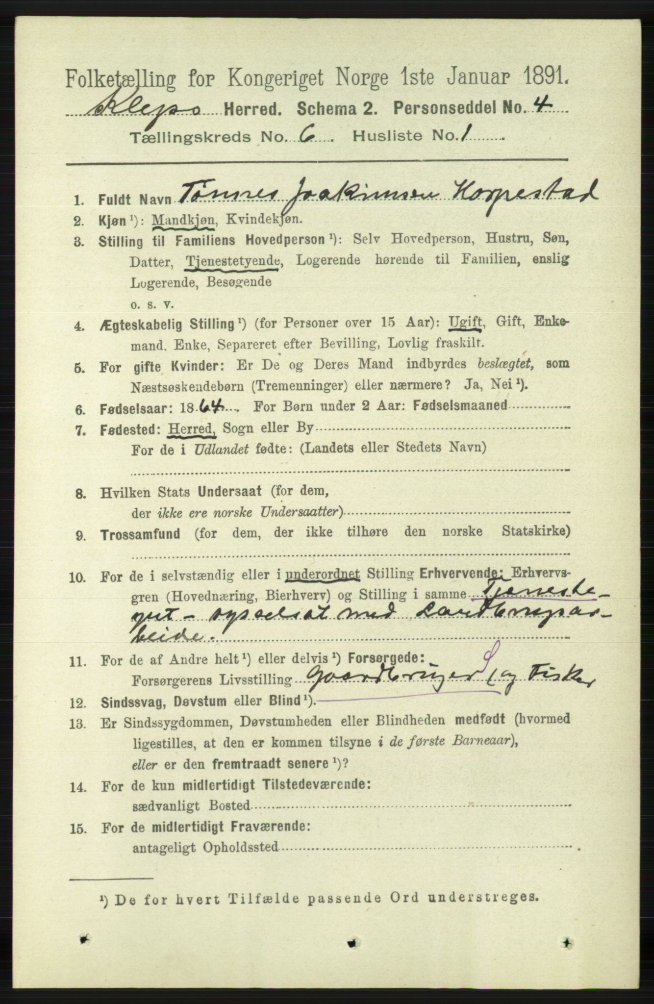 RA, 1891 census for 1120 Klepp, 1891, p. 1719