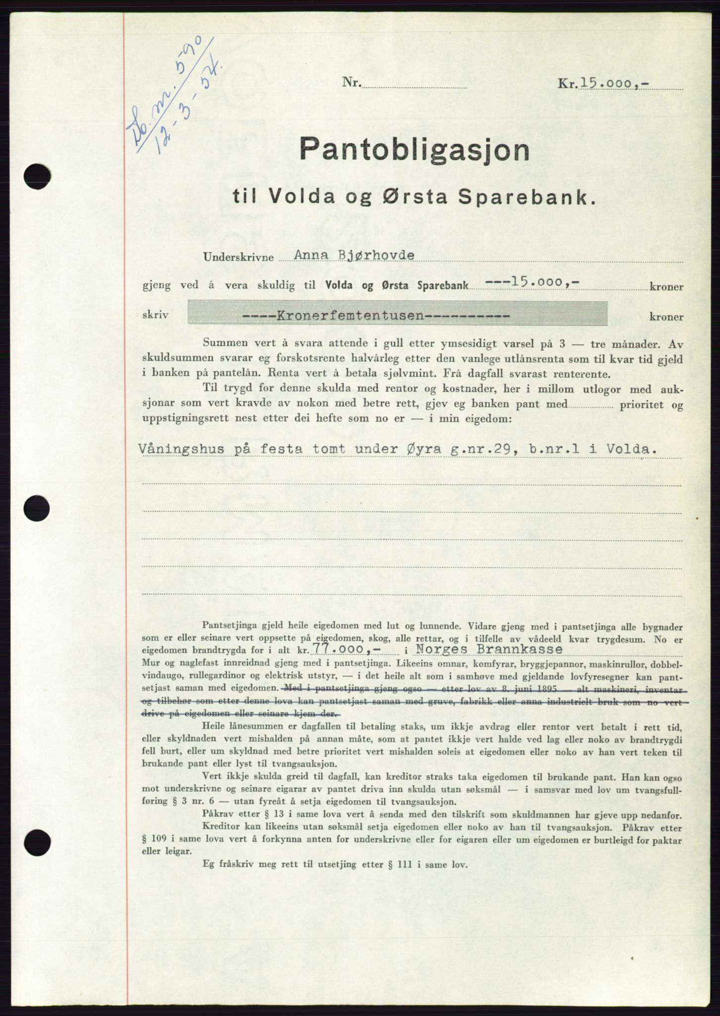 Søre Sunnmøre sorenskriveri, AV/SAT-A-4122/1/2/2C/L0124: Mortgage book no. 12B, 1953-1954, Diary no: : 590/1954