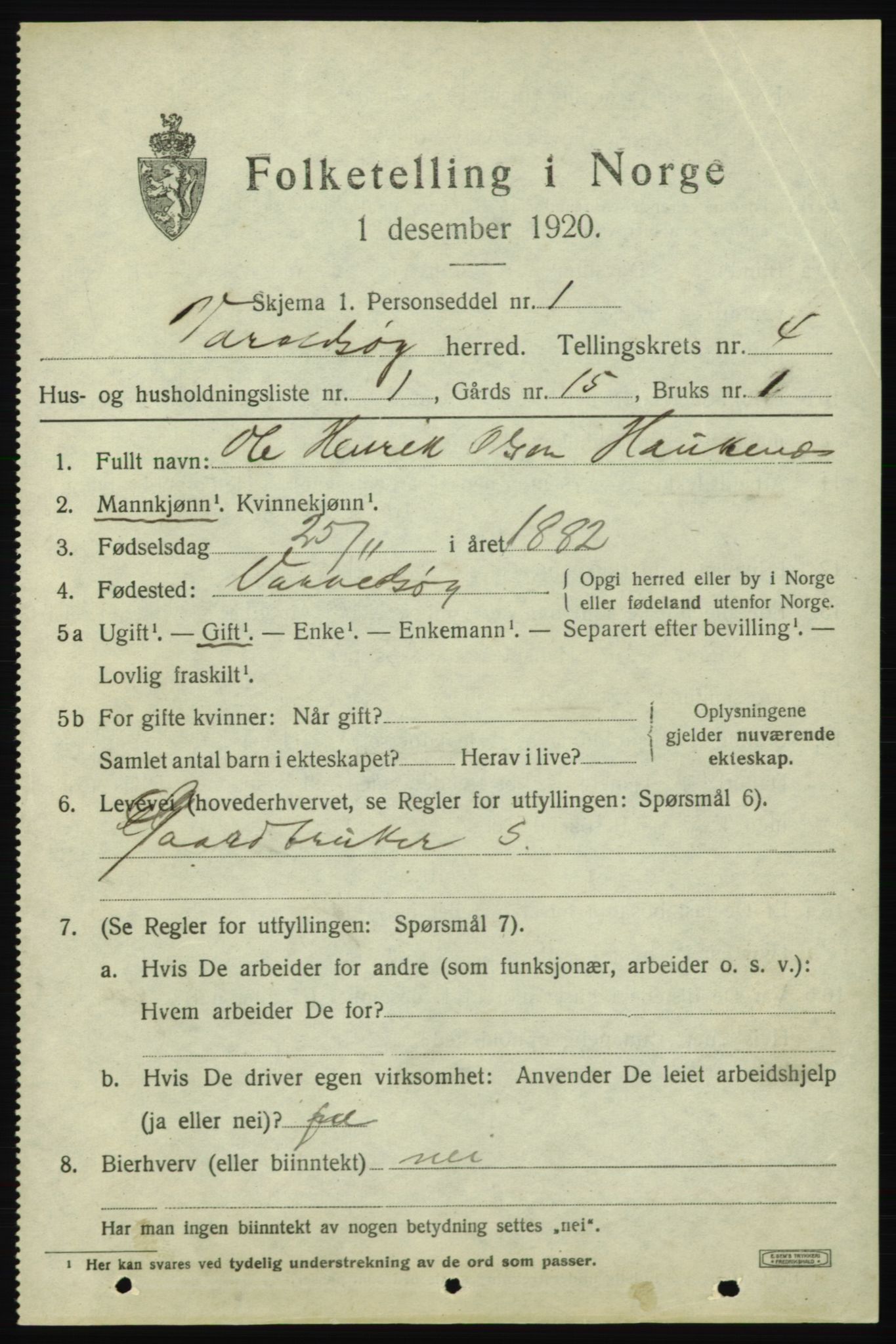 SAB, 1920 census for Varaldsøy, 1920, p. 1379